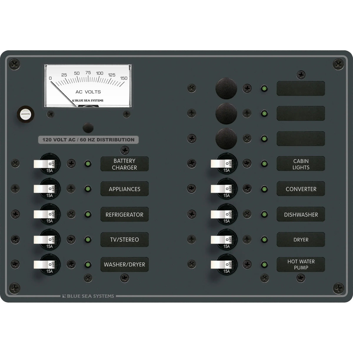 Blue Sea Systems Traditional Metal AC Branch Circuit Breaker Panel, 100A, Pre-Wired, Backlit Labels, ON Indicator LEDs — Quality Boat Parts