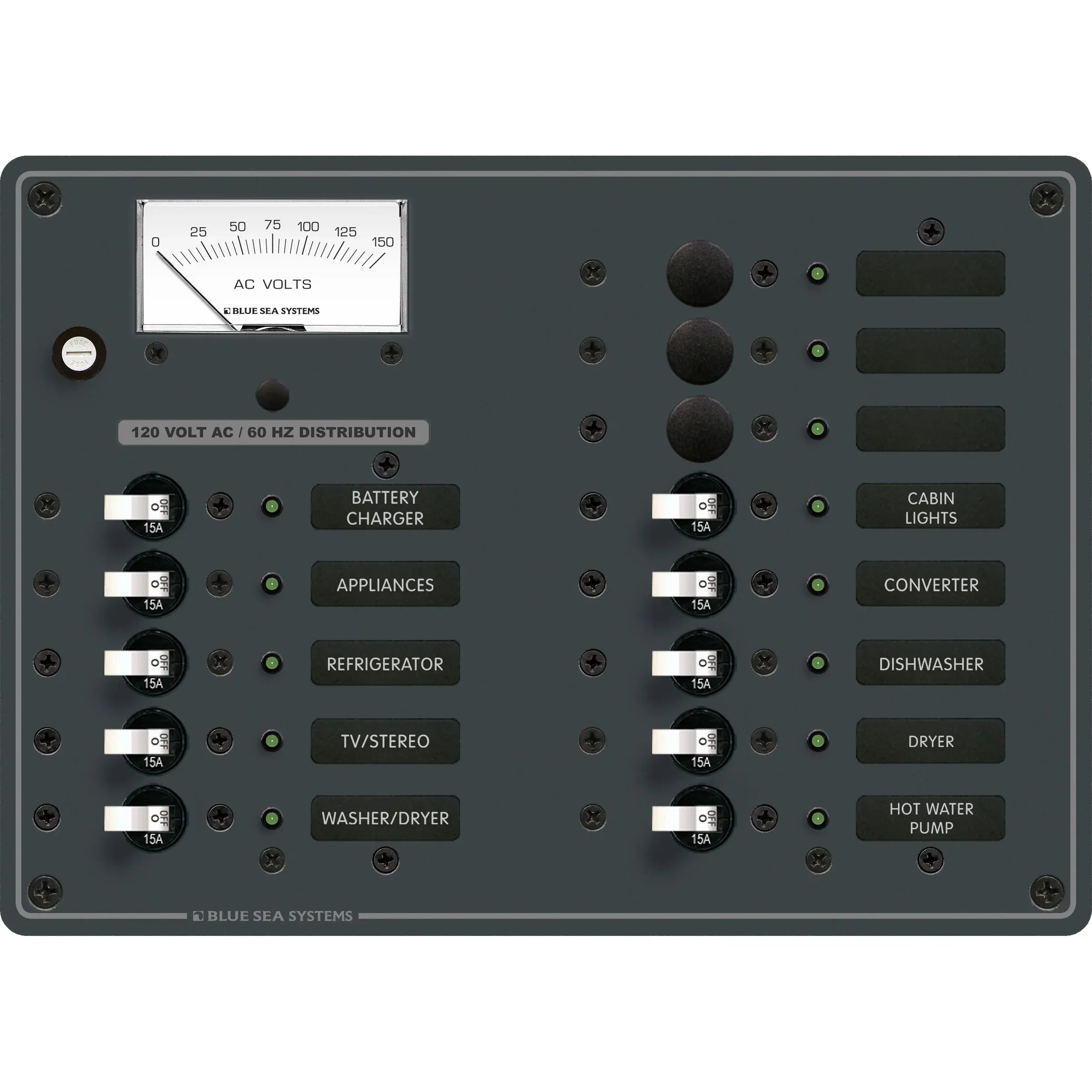 Blue Sea Systems Traditional Metal AC Branch Circuit Breaker Panel, 100A, Pre-Wired, Backlit Labels, ON Indicator LEDs — Quality Boat Parts