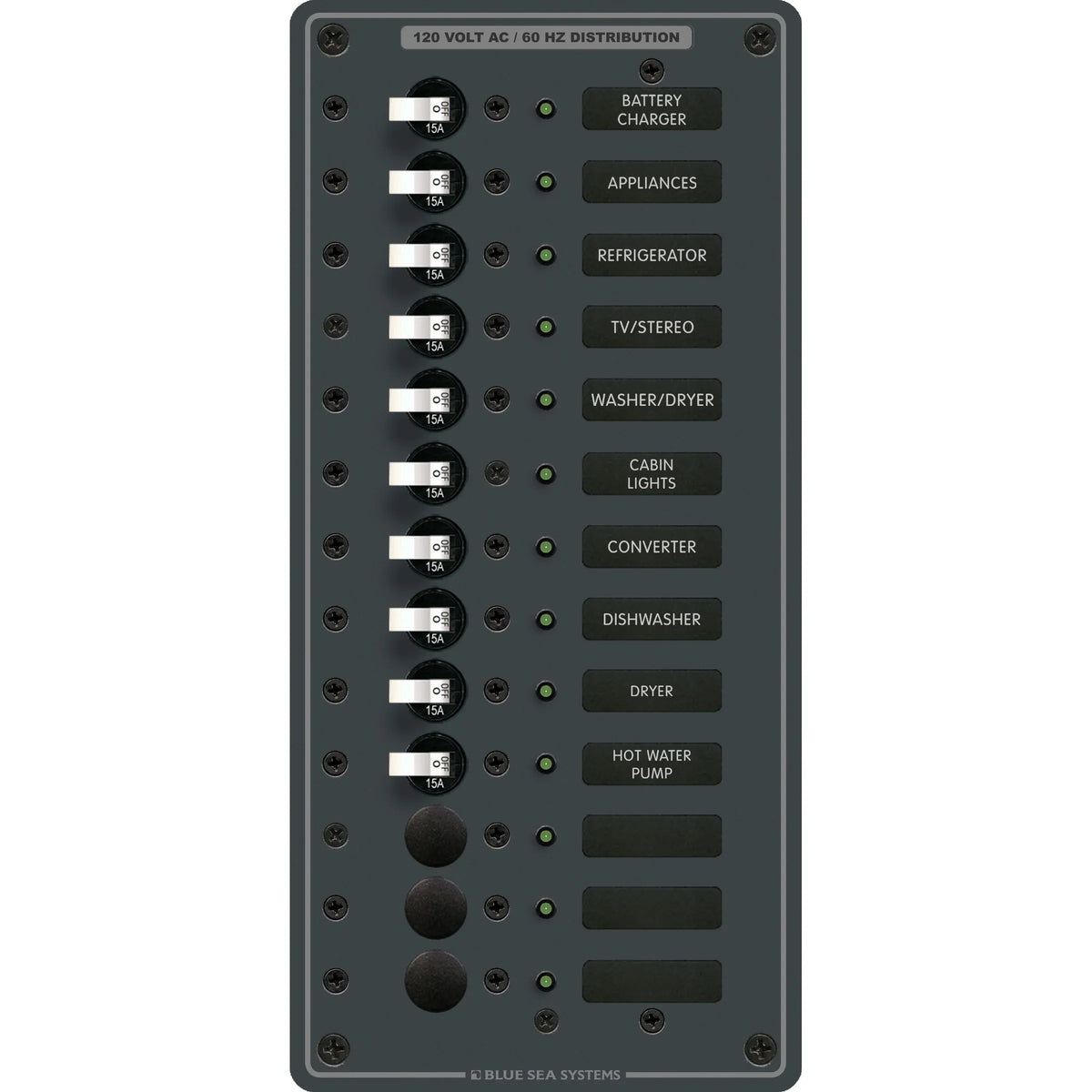 Blue Sea Systems Traditional Metal AC Branch Circuit Breaker Panel, 100A, Pre-Wired, Backlit Labels, ON Indicator LEDs — Quality Boat Parts