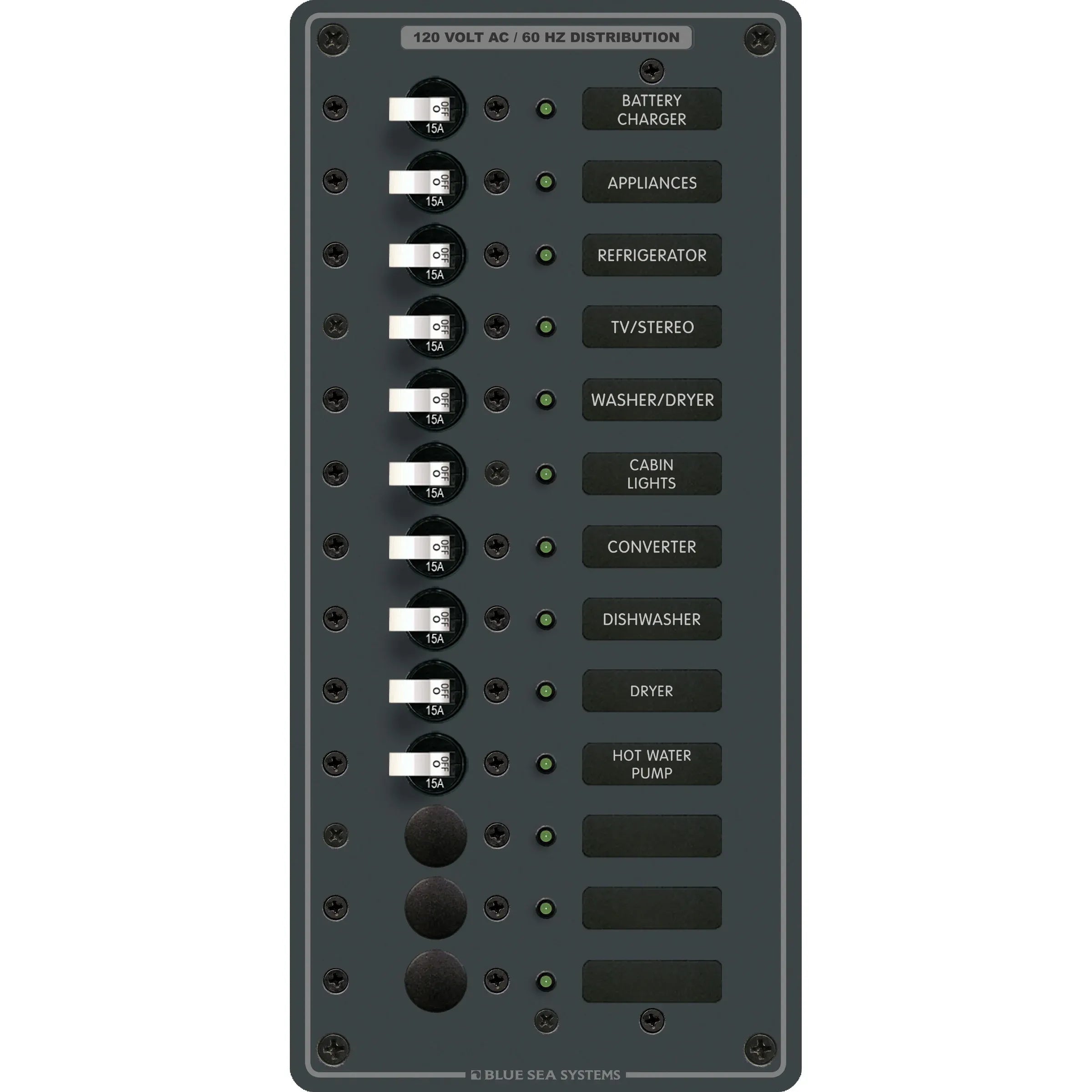 Blue Sea Systems Traditional Metal AC Branch Circuit Breaker Panel, 100A, Pre-Wired, Backlit Labels, ON Indicator LEDs — Quality Boat Parts