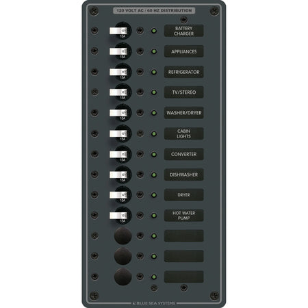 Blue Sea Systems Traditional Metal AC Branch Circuit Breaker Panel, 100A, Pre-Wired, Backlit Labels, ON Indicator LEDs — Quality Boat Parts