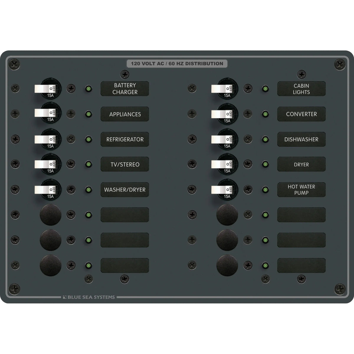 Blue Sea Systems Traditional Metal AC Branch Circuit Breaker Panel, 100A, Pre-Wired, Backlit Labels, ON Indicator LEDs — Quality Boat Parts