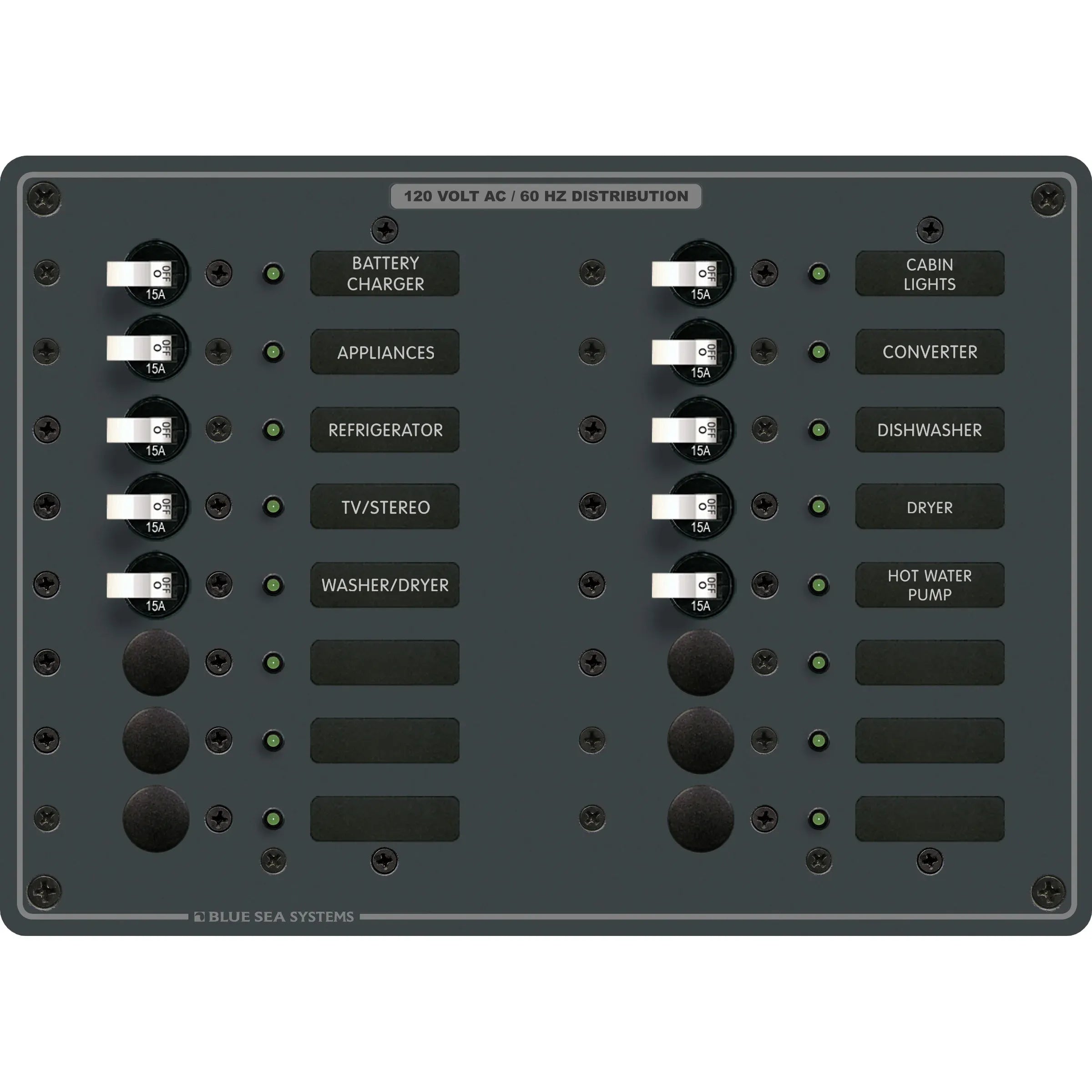 Blue Sea Systems Traditional Metal AC Branch Circuit Breaker Panel, 100A, Pre-Wired, Backlit Labels, ON Indicator LEDs — Quality Boat Parts