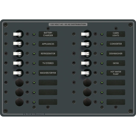 Blue Sea Systems Traditional Metal AC Branch Circuit Breaker Panel, 100A, Pre-Wired, Backlit Labels, ON Indicator LEDs — Quality Boat Parts