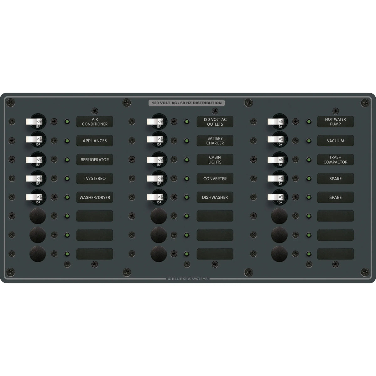 Blue Sea Systems Traditional Metal AC Branch Circuit Breaker Panel, 100A, Pre-Wired, Backlit Labels, ON Indicator LEDs — Quality Boat Parts