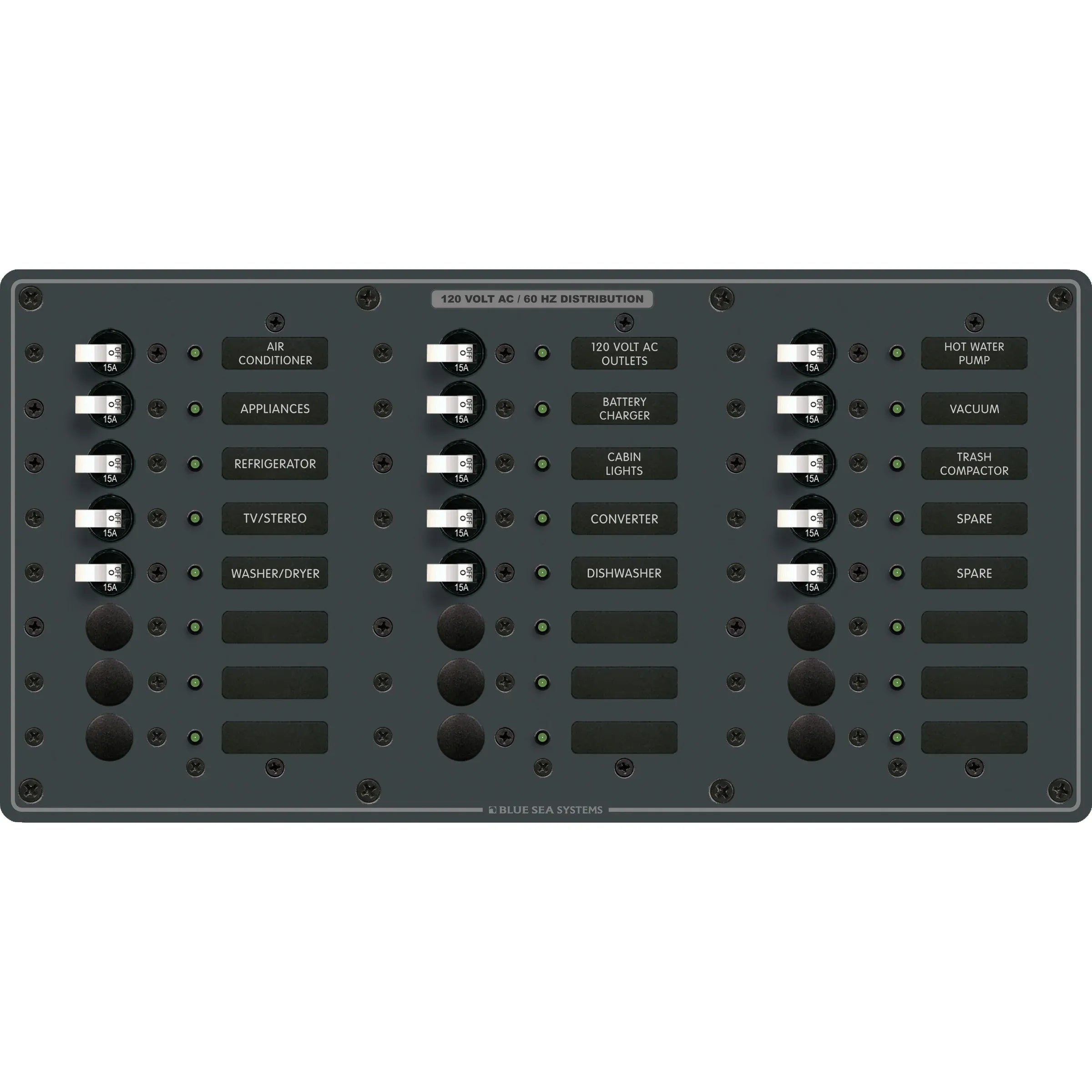 Blue Sea Systems Traditional Metal AC Branch Circuit Breaker Panel, 100A, Pre-Wired, Backlit Labels, ON Indicator LEDs — Quality Boat Parts