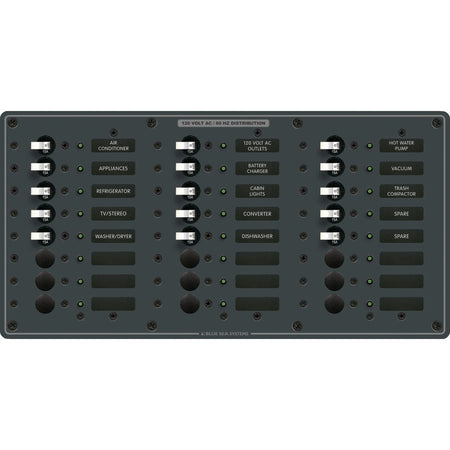 Blue Sea Systems Traditional Metal AC Branch Circuit Breaker Panel, 100A, Pre-Wired, Backlit Labels, ON Indicator LEDs — Quality Boat Parts