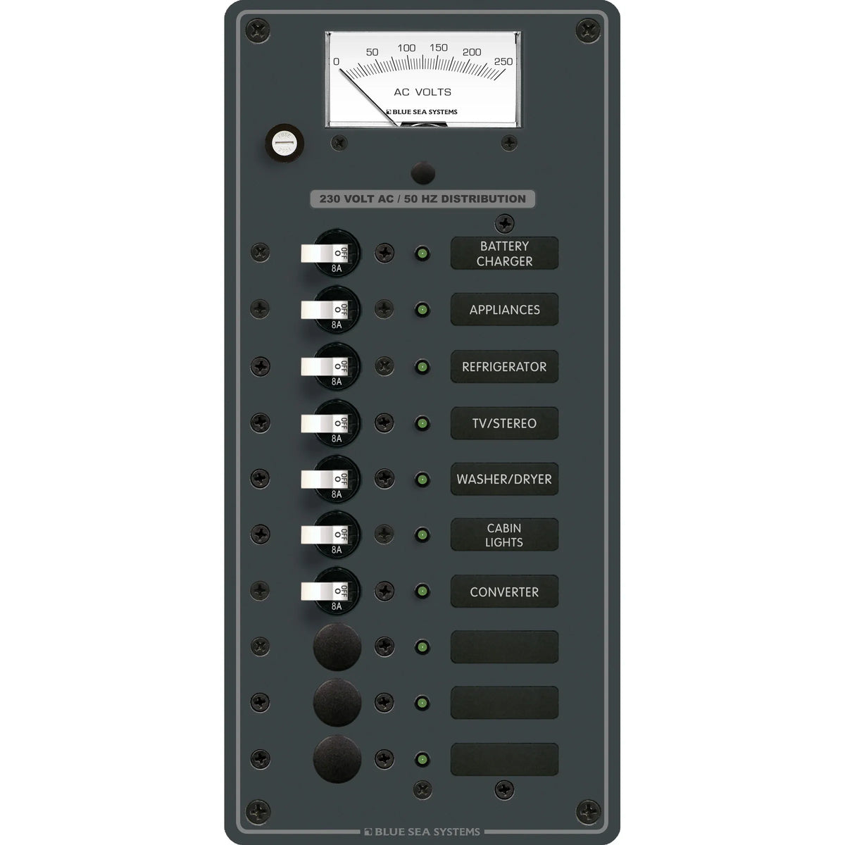 Blue Sea Systems Traditional Metal AC Branch Circuit Breaker Panel, 100A, Pre-Wired, Backlit Labels, ON Indicator LEDs — Quality Boat Parts