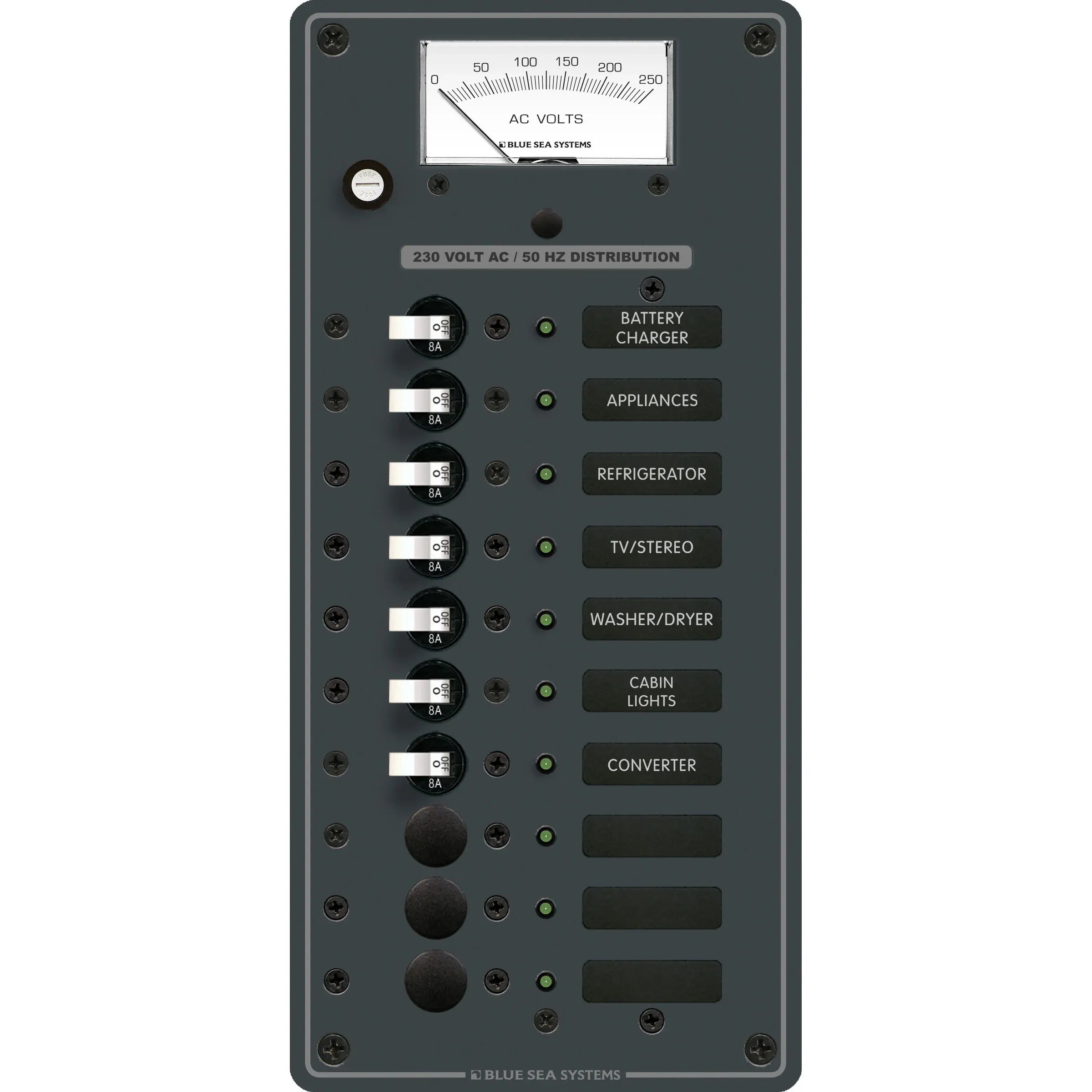 Blue Sea Systems Traditional Metal AC Branch Circuit Breaker Panel, 100A, Pre-Wired, Backlit Labels, ON Indicator LEDs — Quality Boat Parts