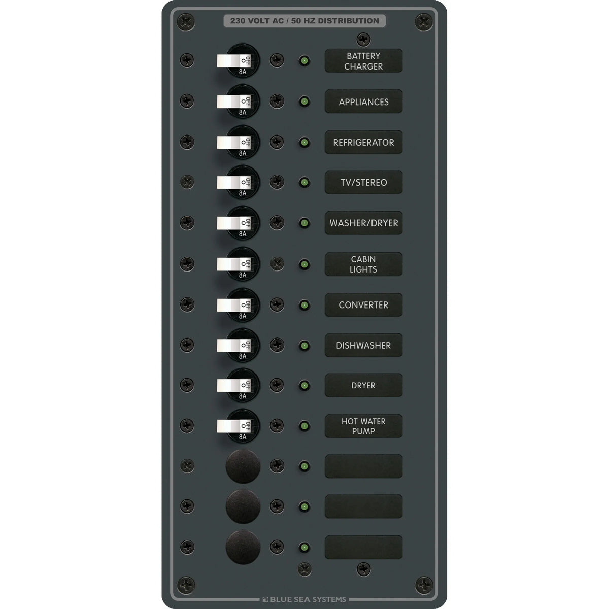 Blue Sea Systems Traditional Metal AC Branch Circuit Breaker Panel, 100A, Pre-Wired, Backlit Labels, ON Indicator LEDs — Quality Boat Parts