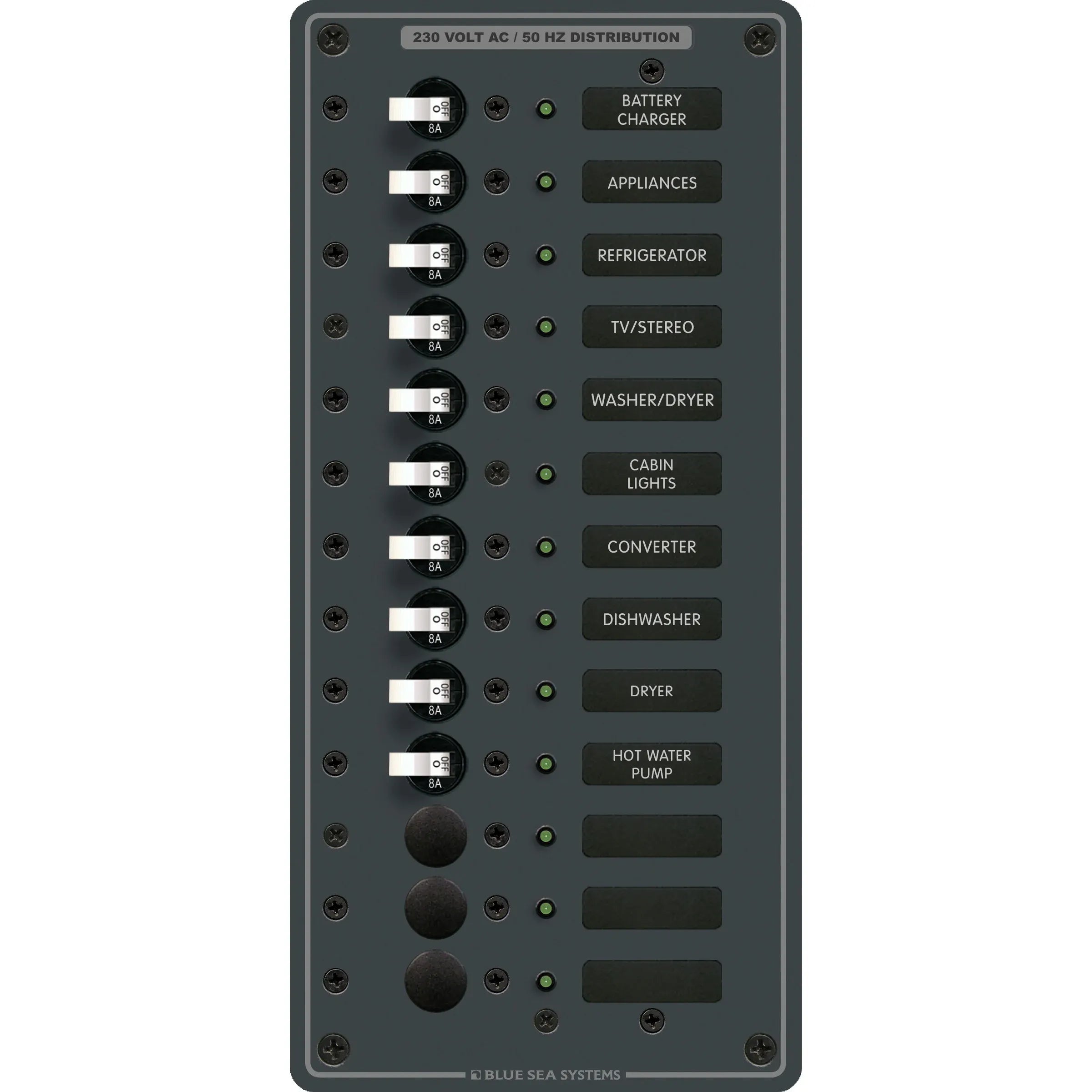 Blue Sea Systems Traditional Metal AC Branch Circuit Breaker Panel, 100A, Pre-Wired, Backlit Labels, ON Indicator LEDs — Quality Boat Parts