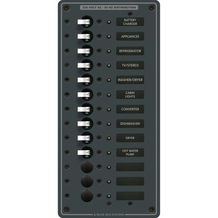 Blue Sea Systems Traditional Metal AC Branch Circuit Breaker Panel, 100A, Pre-Wired, Backlit Labels, ON Indicator LEDs — Quality Boat Parts