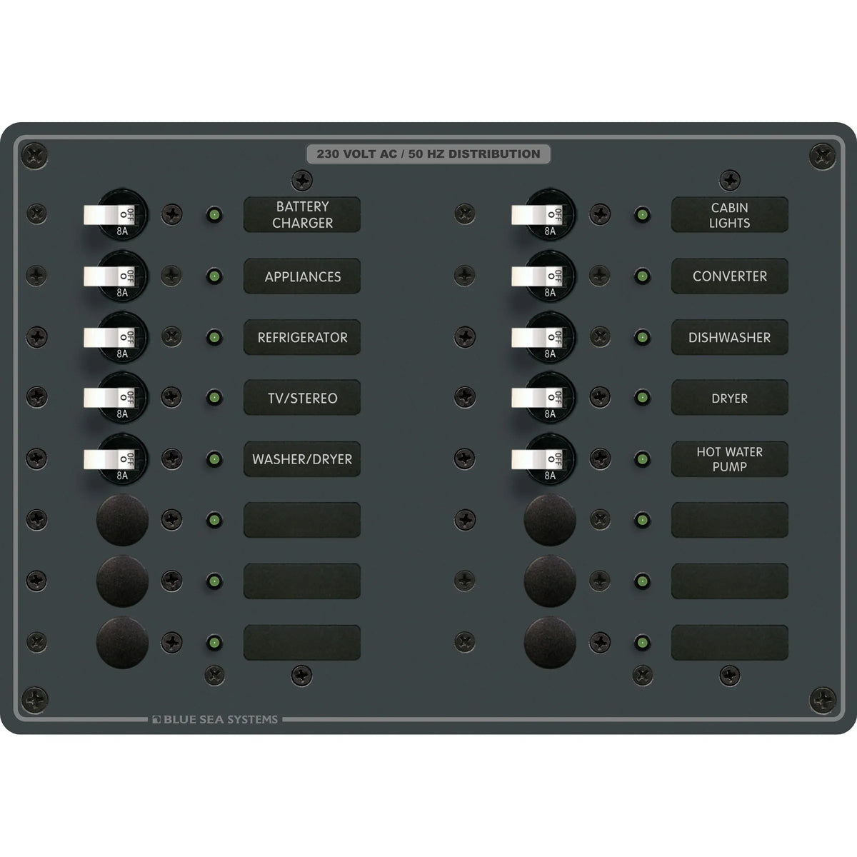Blue Sea Systems Traditional Metal AC Branch Circuit Breaker Panel, 100A, Pre-Wired, Backlit Labels, ON Indicator LEDs — Quality Boat Parts