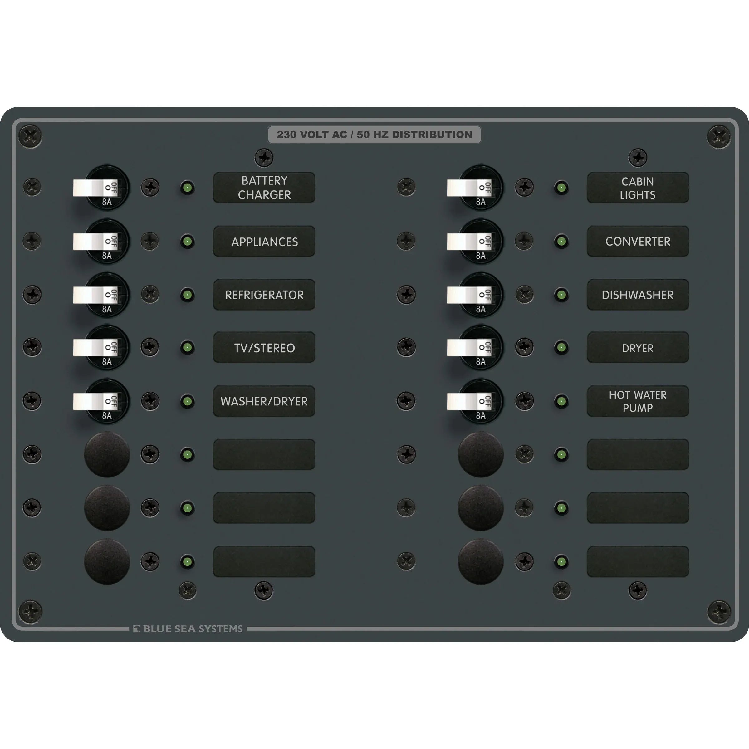 Blue Sea Systems Traditional Metal AC Branch Circuit Breaker Panel, 100A, Pre-Wired, Backlit Labels, ON Indicator LEDs — Quality Boat Parts