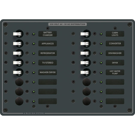 Blue Sea Systems Traditional Metal AC Branch Circuit Breaker Panel, 100A, Pre-Wired, Backlit Labels, ON Indicator LEDs — Quality Boat Parts