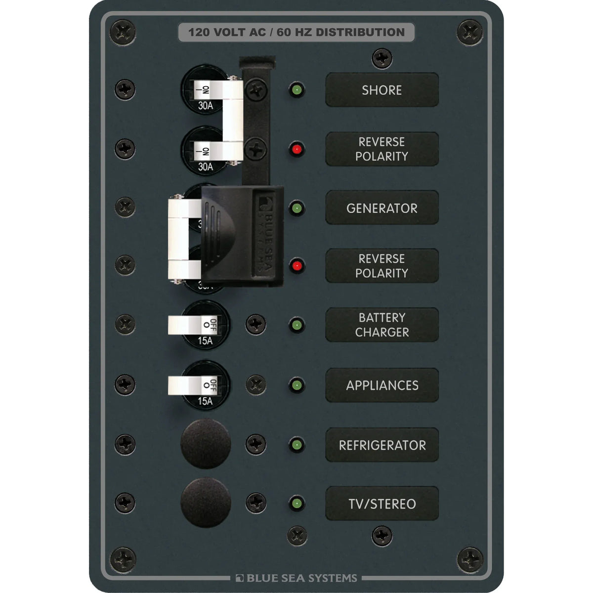 Blue Sea Systems Traditional Metal AC Main Source Selector Panel, Lockout Slide, Reverse Polarity LED — Quality Boat Parts