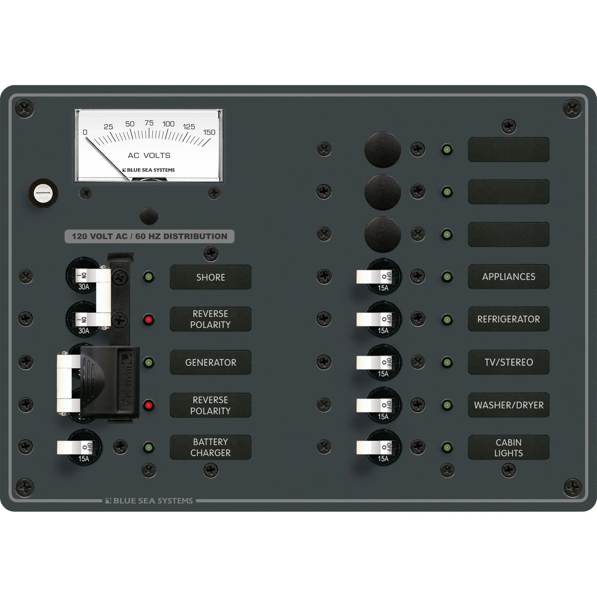 Blue Sea Systems Traditional Metal AC Main Source Selector Panel, Lockout Slide, Reverse Polarity LED — Quality Boat Parts