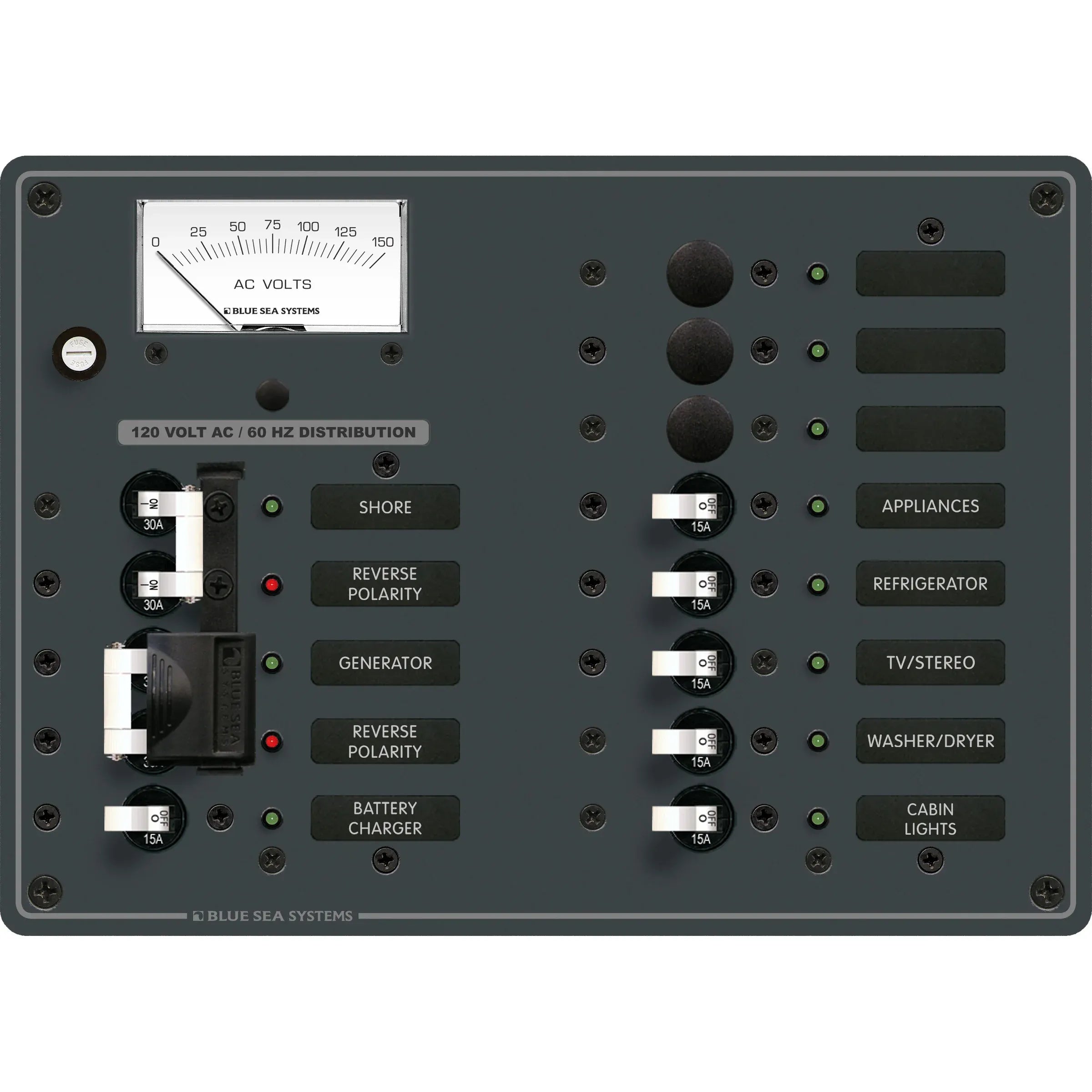 Blue Sea Systems Traditional Metal AC Main Source Selector Panel, Lockout Slide, Reverse Polarity LED — Quality Boat Parts