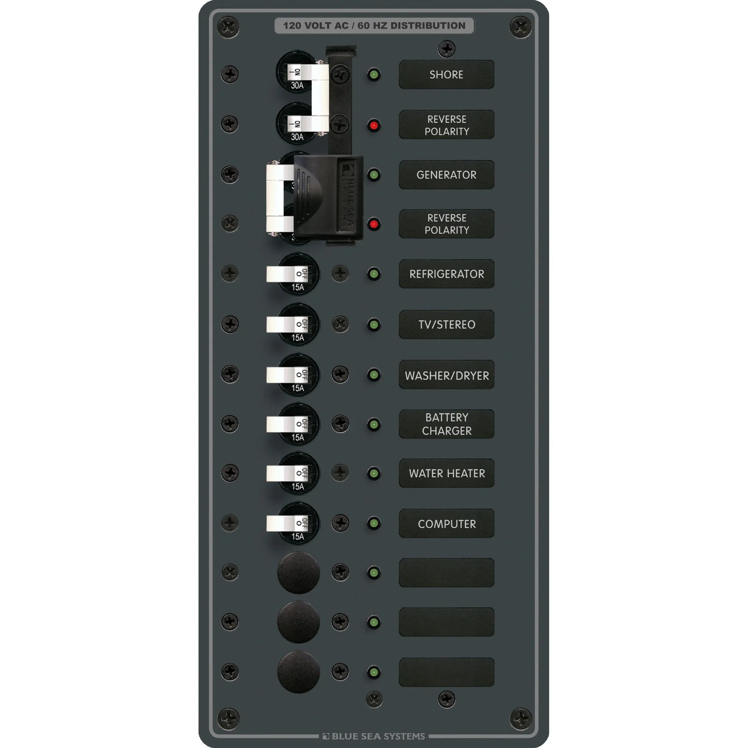 Blue Sea Systems Traditional Metal AC Main Source Selector Panel, Lockout Slide, Reverse Polarity LED — Quality Boat Parts