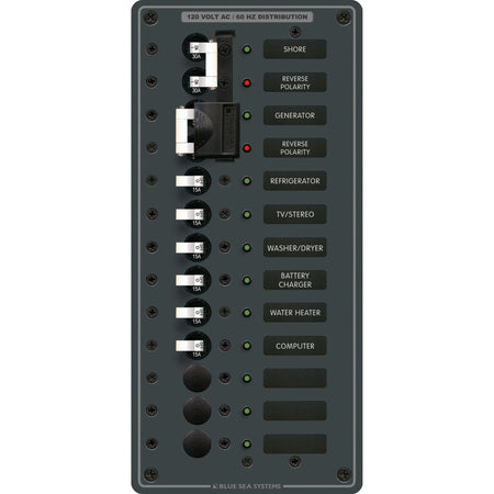 Blue Sea Systems Traditional Metal AC Main Source Selector Panel, Lockout Slide, Reverse Polarity LED — Quality Boat Parts