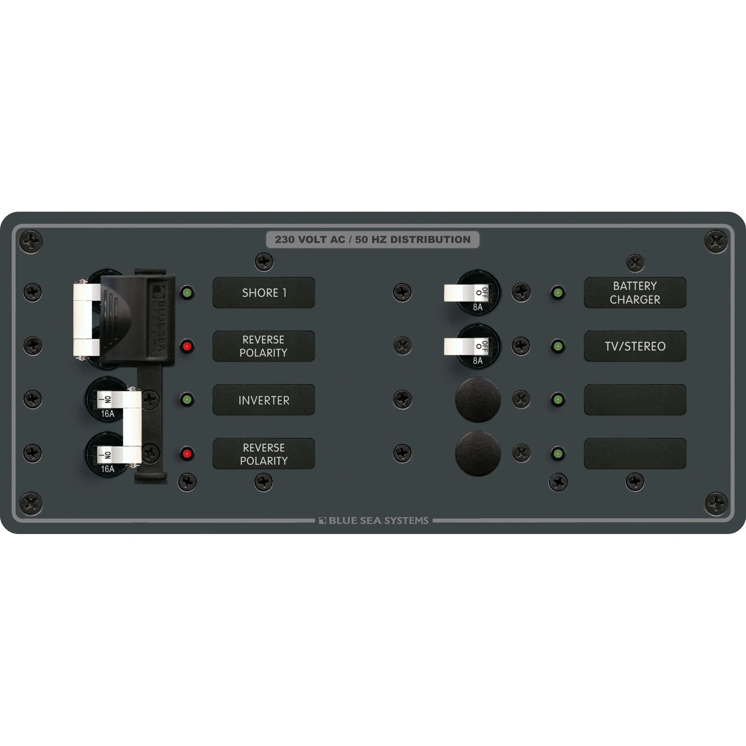 Blue Sea Systems Traditional Metal AC Main Source Selector Panel, Lockout Slide, Reverse Polarity LED — Quality Boat Parts