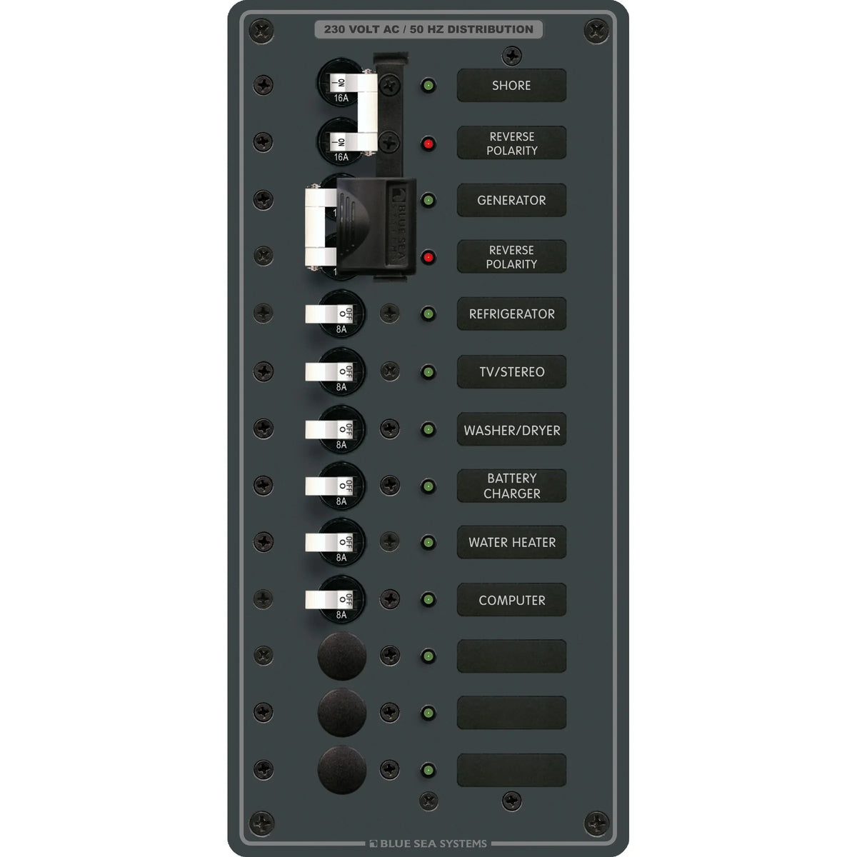 Blue Sea Systems Traditional Metal AC Main Source Selector Panel, Lockout Slide, Reverse Polarity LED — Quality Boat Parts