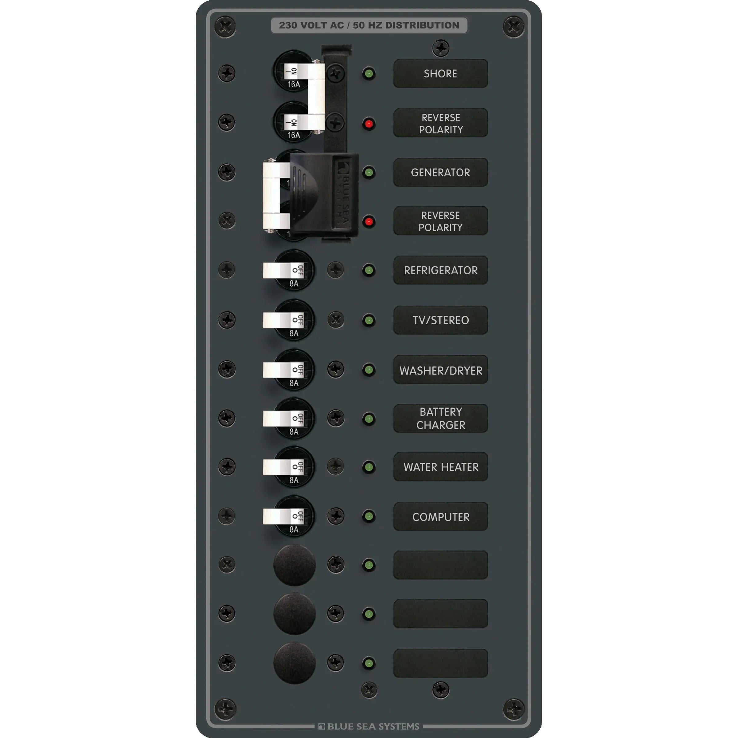 Blue Sea Systems Traditional Metal AC Main Source Selector Panel, Lockout Slide, Reverse Polarity LED — Quality Boat Parts