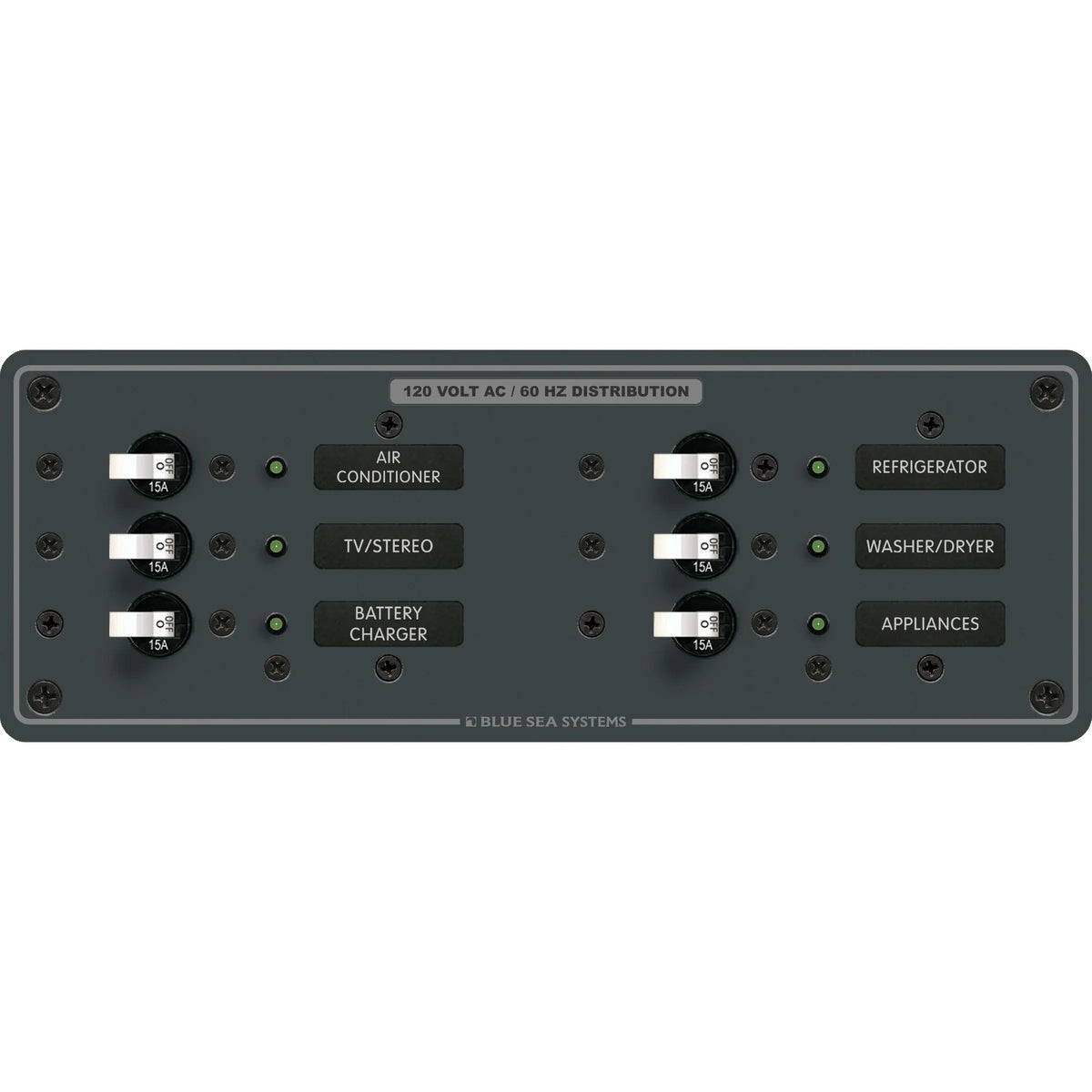 Blue Sea Systems Traditional Metal AC Branch Circuit Breaker Panel, 100A Max, Backlit Labels — Quality Boat Parts