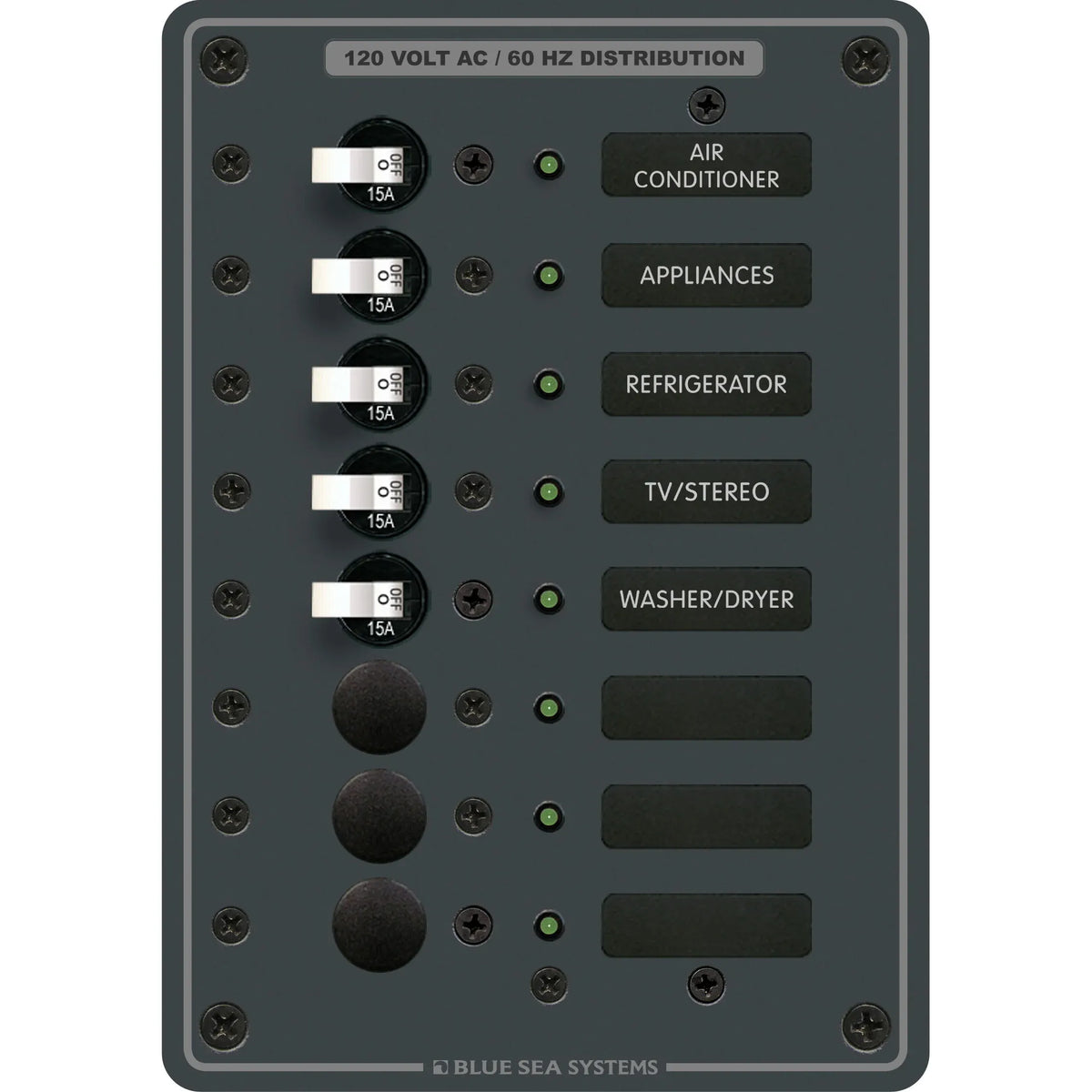 Blue Sea Systems Traditional Metal AC Branch Circuit Breaker Panel, 100A Max, Backlit Labels — Quality Boat Parts