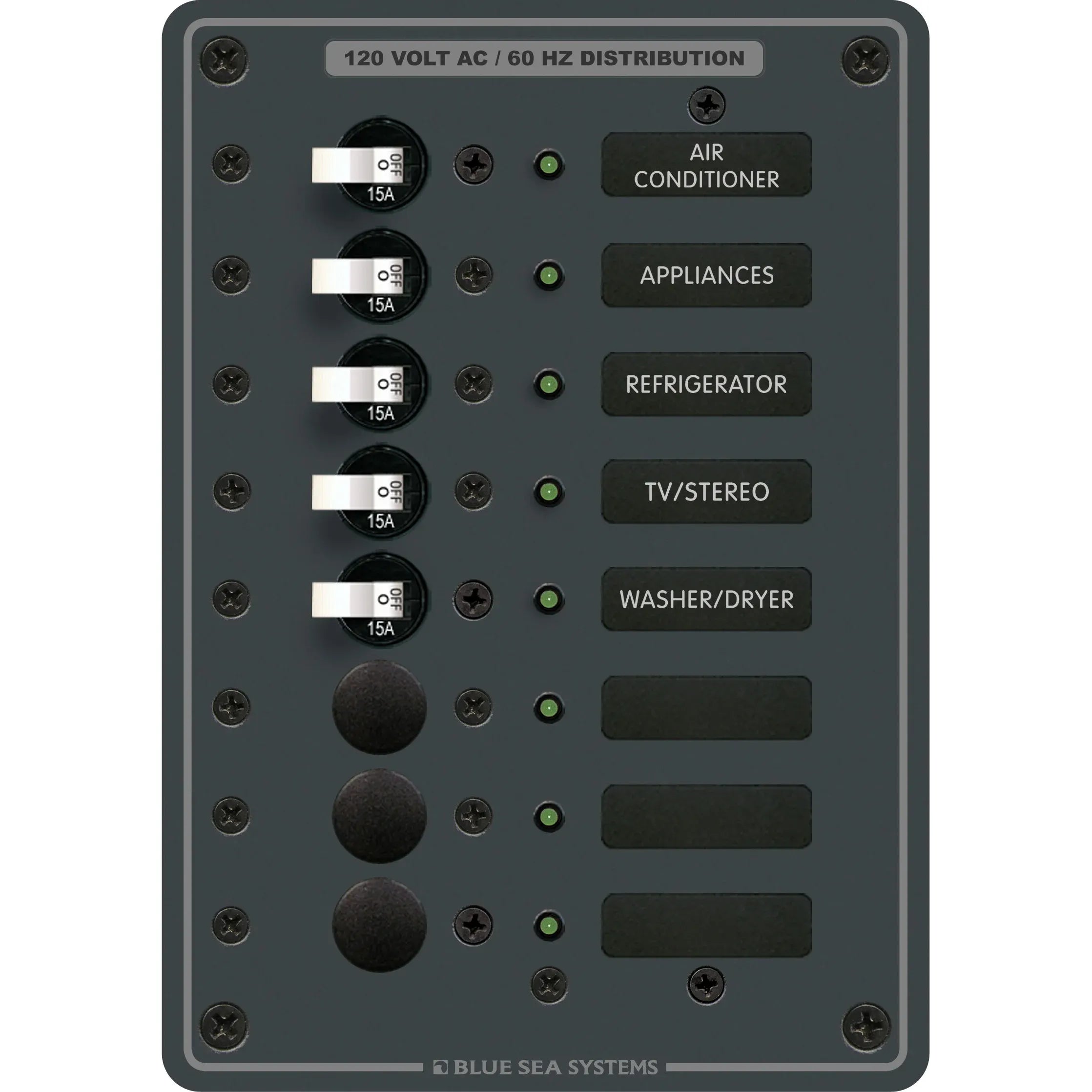 Blue Sea Systems Traditional Metal AC Branch Circuit Breaker Panel, 100A Max, Backlit Labels — Quality Boat Parts