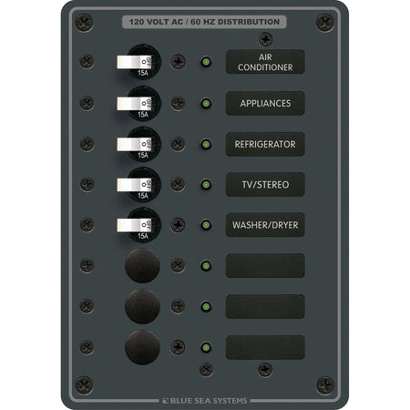 Blue Sea Systems Traditional Metal AC Branch Circuit Breaker Panel, 100A Max, Backlit Labels — Quality Boat Parts