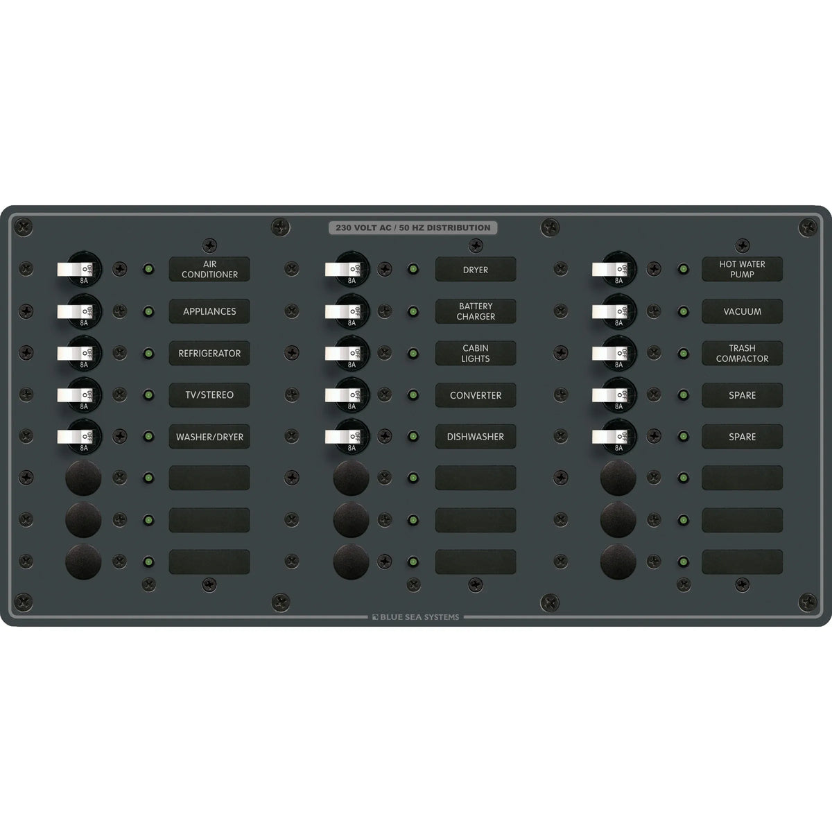 Blue Sea Systems Traditional Metal AC Branch Circuit Breaker Panel, 100A Max, Backlit Labels — Quality Boat Parts