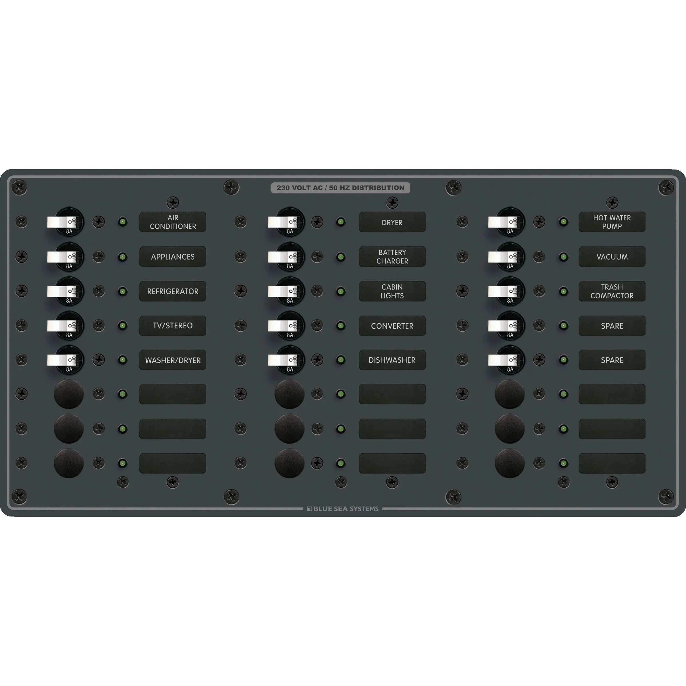 Blue Sea Systems Traditional Metal AC Branch Circuit Breaker Panel, 100A Max, Backlit Labels — Quality Boat Parts