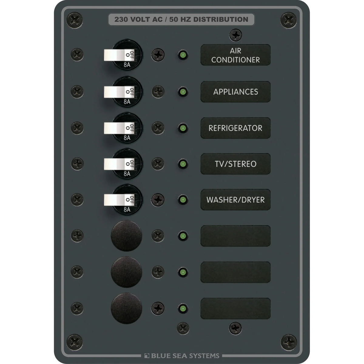 Blue Sea Systems Traditional Metal AC Branch Circuit Breaker Panel, 100A Max, Backlit Labels — Quality Boat Parts
