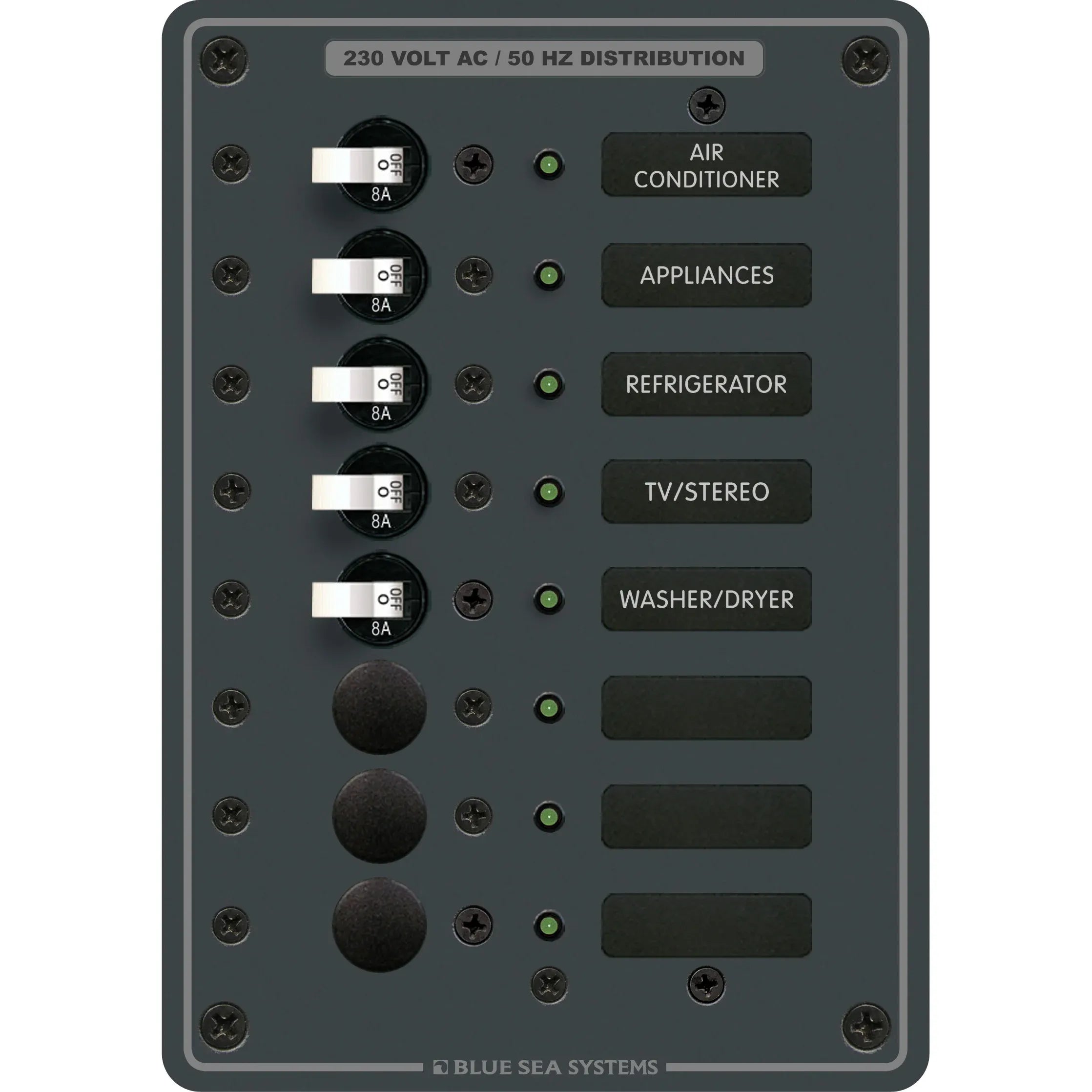 Blue Sea Systems Traditional Metal AC Branch Circuit Breaker Panel, 100A Max, Backlit Labels — Quality Boat Parts