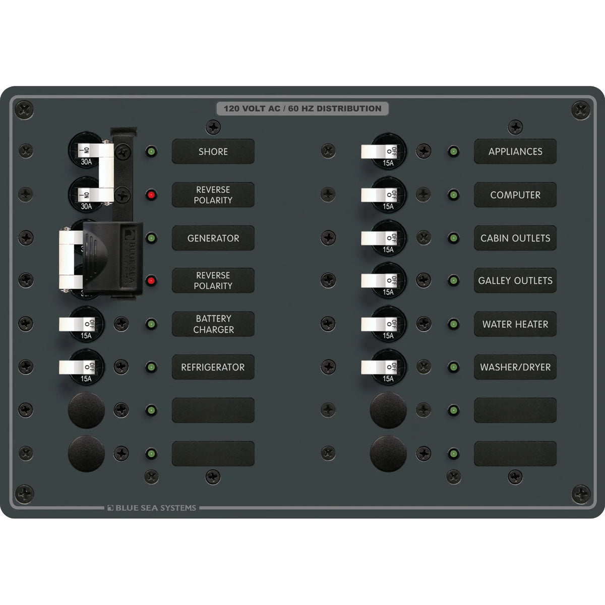 Blue Sea Systems Traditional Metal AC Source Selector Panel, 2 Sources, Lockout Slide — Quality Boat Parts