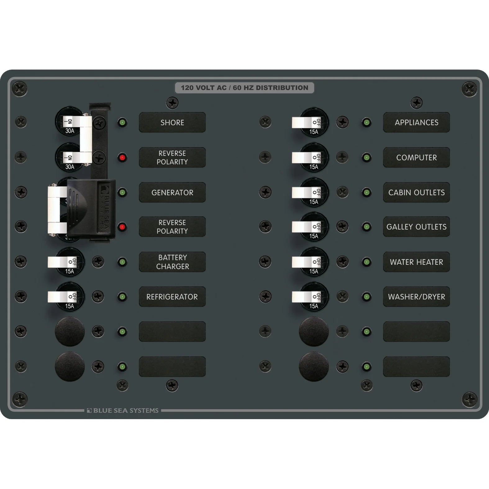 Blue Sea Systems Traditional Metal AC Source Selector Panel, 2 Sources, Lockout Slide — Quality Boat Parts