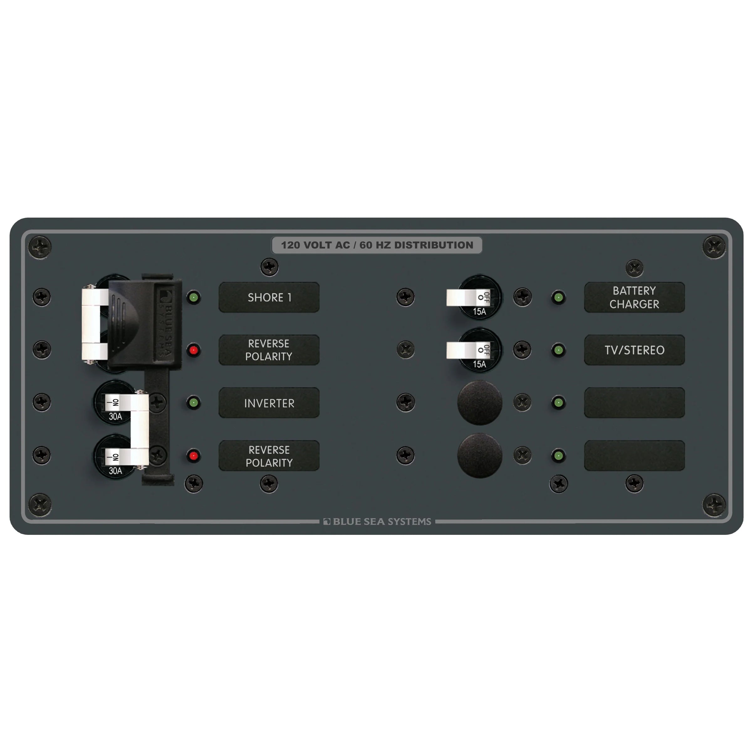 Blue Sea Systems Traditional Metal AC Source Selector Panel, 2 Sources, Lockout Slide — Quality Boat Parts