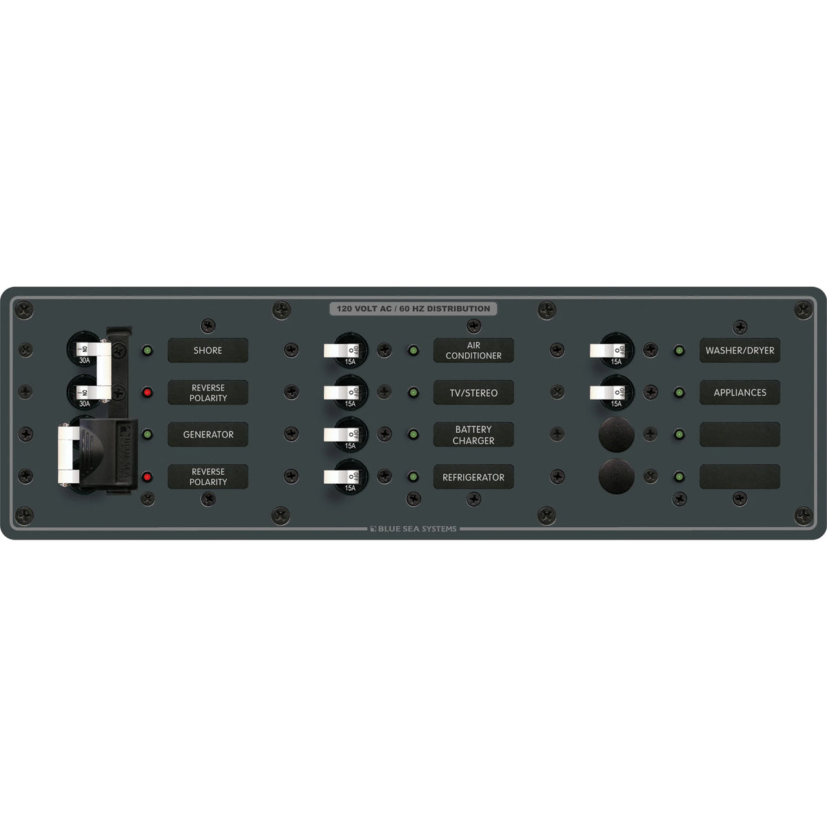 Blue Sea Systems Traditional Metal AC Source Selector Panel, 2 Sources, Lockout Slide — Quality Boat Parts