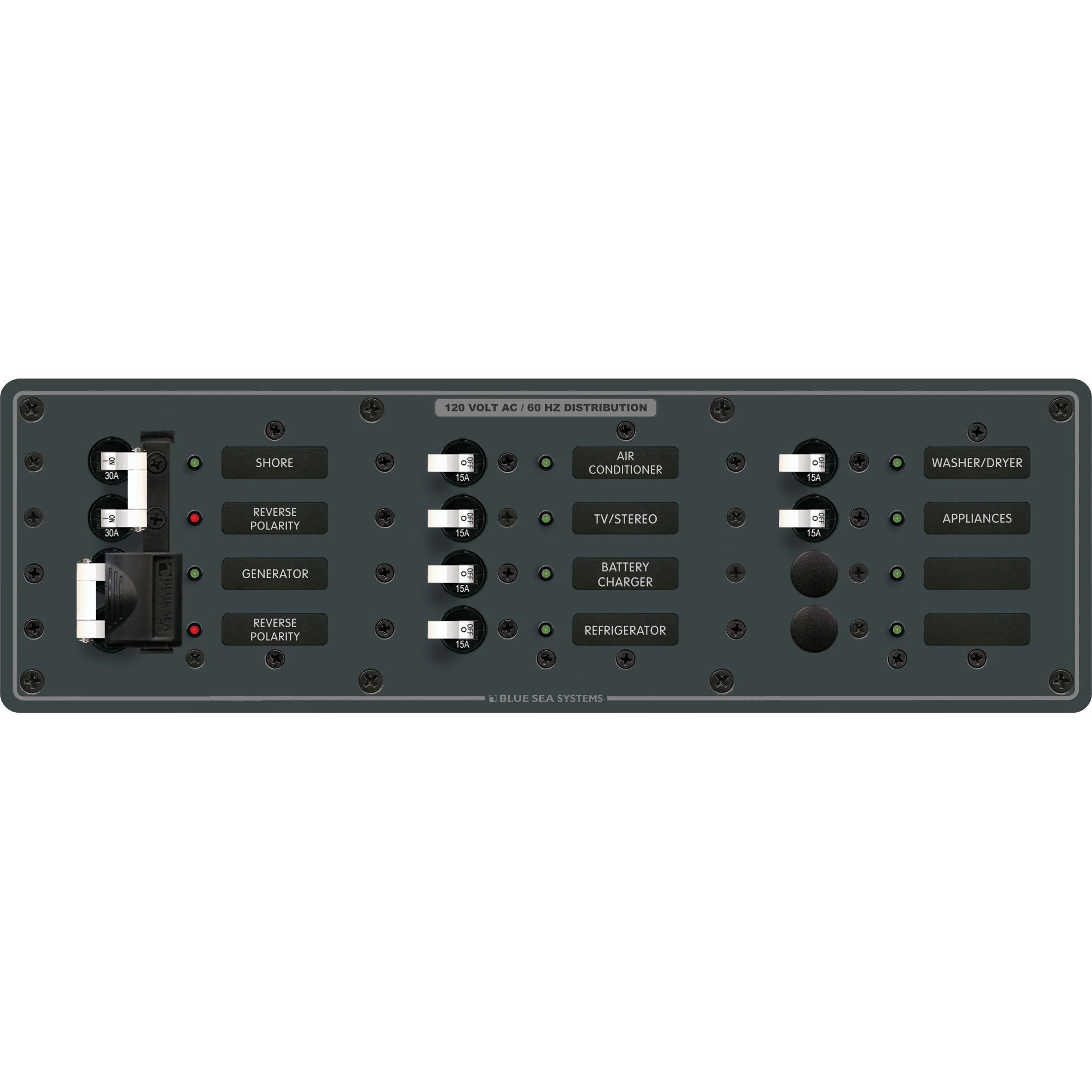 Blue Sea Systems Traditional Metal AC Source Selector Panel, 2 Sources, Lockout Slide — Quality Boat Parts