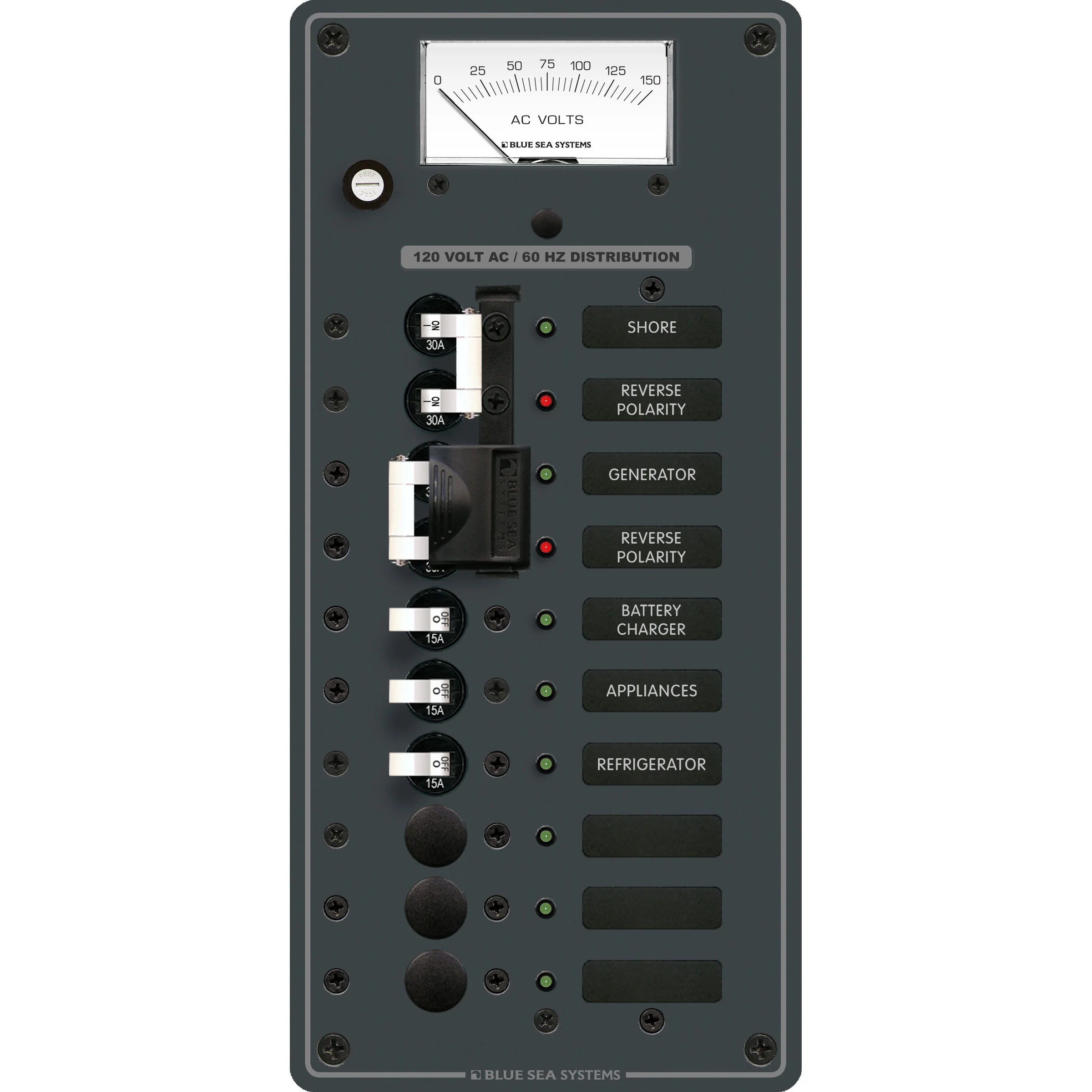Blue Sea Systems Traditional Metal AC Source Selector Panel, 2 Sources, Lockout Slide — Quality Boat Parts