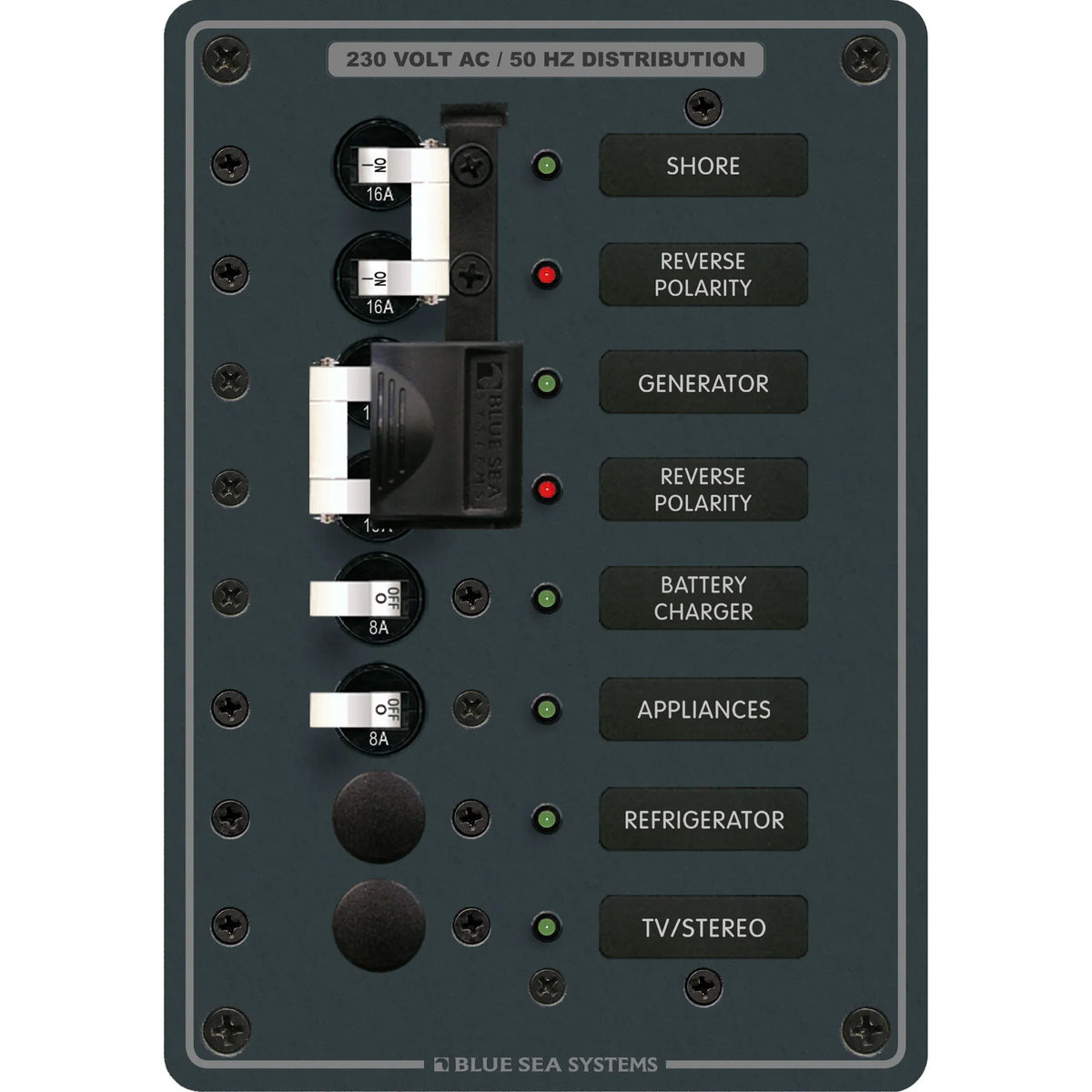 Blue Sea Systems Traditional Metal AC Source Selector Panel, 2 Sources, Lockout Slide — Quality Boat Parts