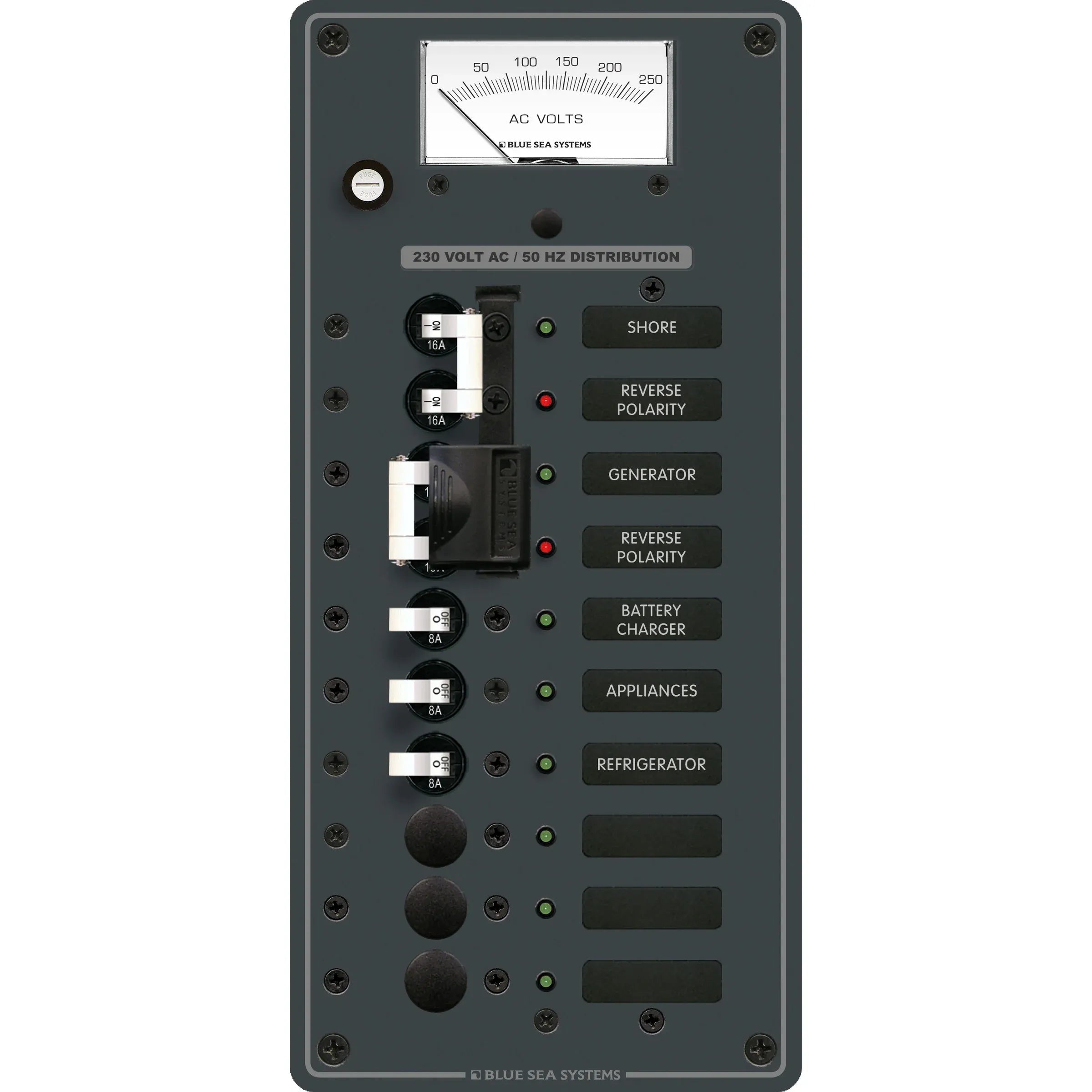 Blue Sea Systems Traditional Metal AC Source Selector Panel, 2 Sources, Lockout Slide — Quality Boat Parts