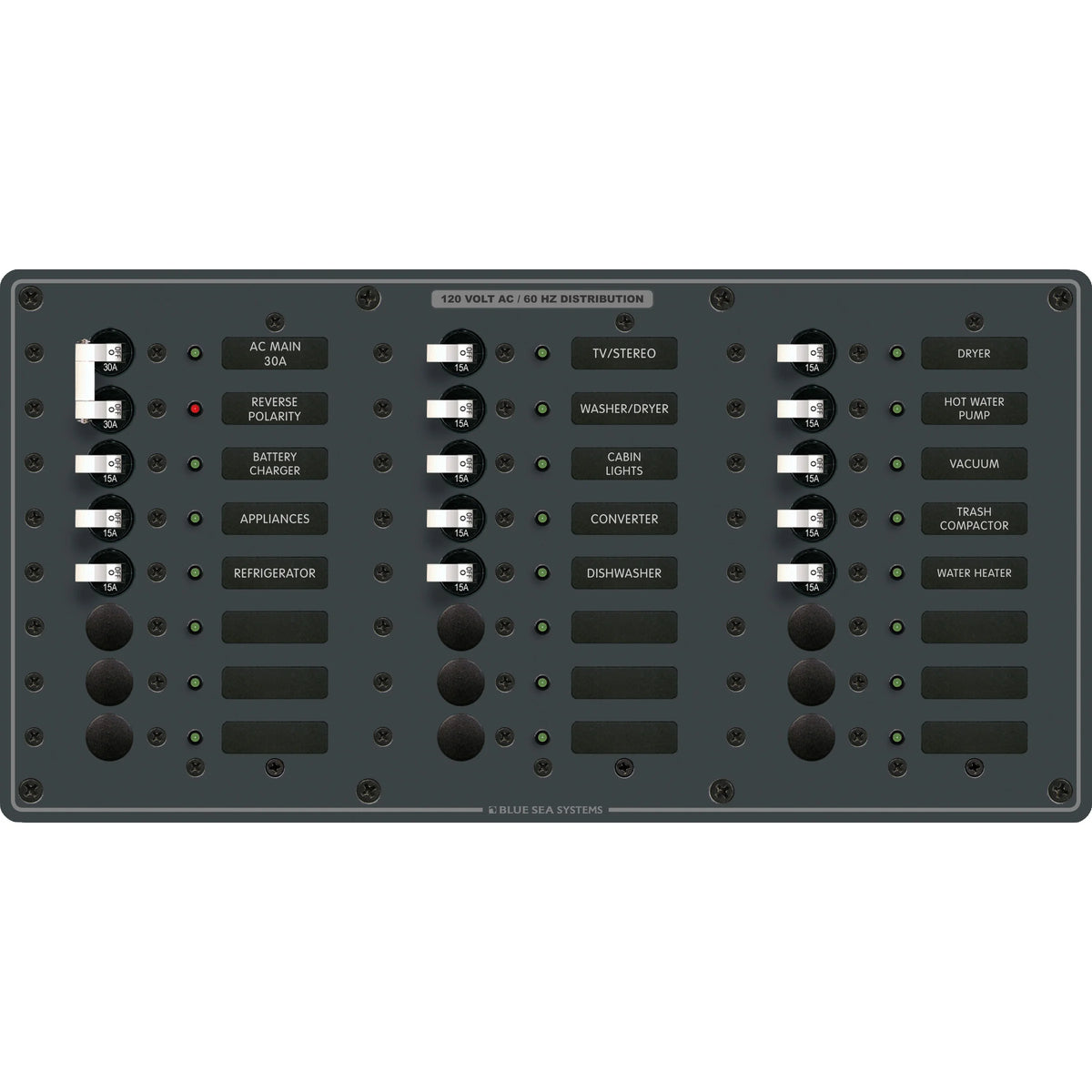 Blue Sea Systems Traditional Metal AC Main Circuit Breaker Panel, 120V AC, White Toggle Breakers, Non-Metered — Quality Boat Parts