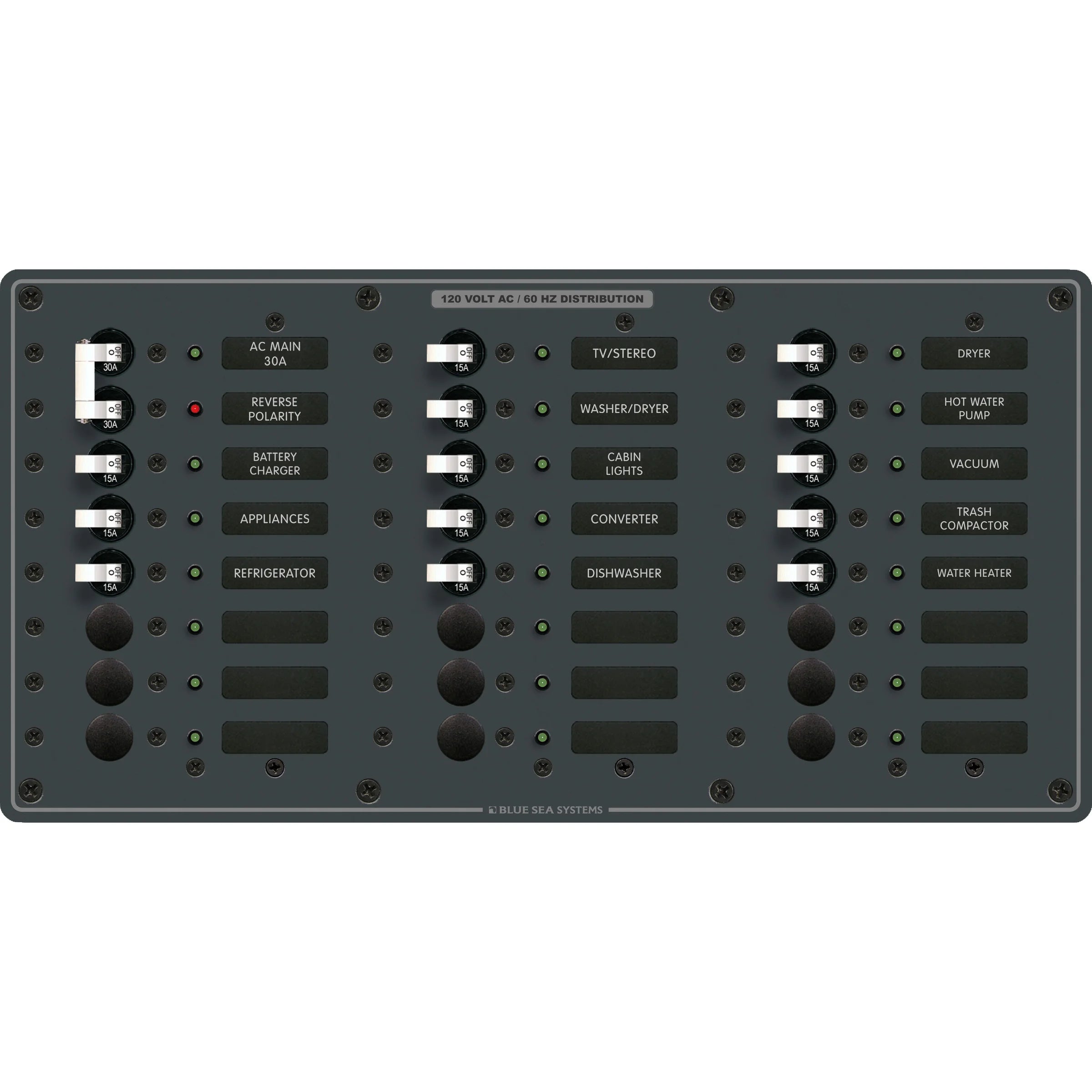 Blue Sea Systems Traditional Metal AC Main Circuit Breaker Panel, 120V AC, White Toggle Breakers, Non-Metered — Quality Boat Parts