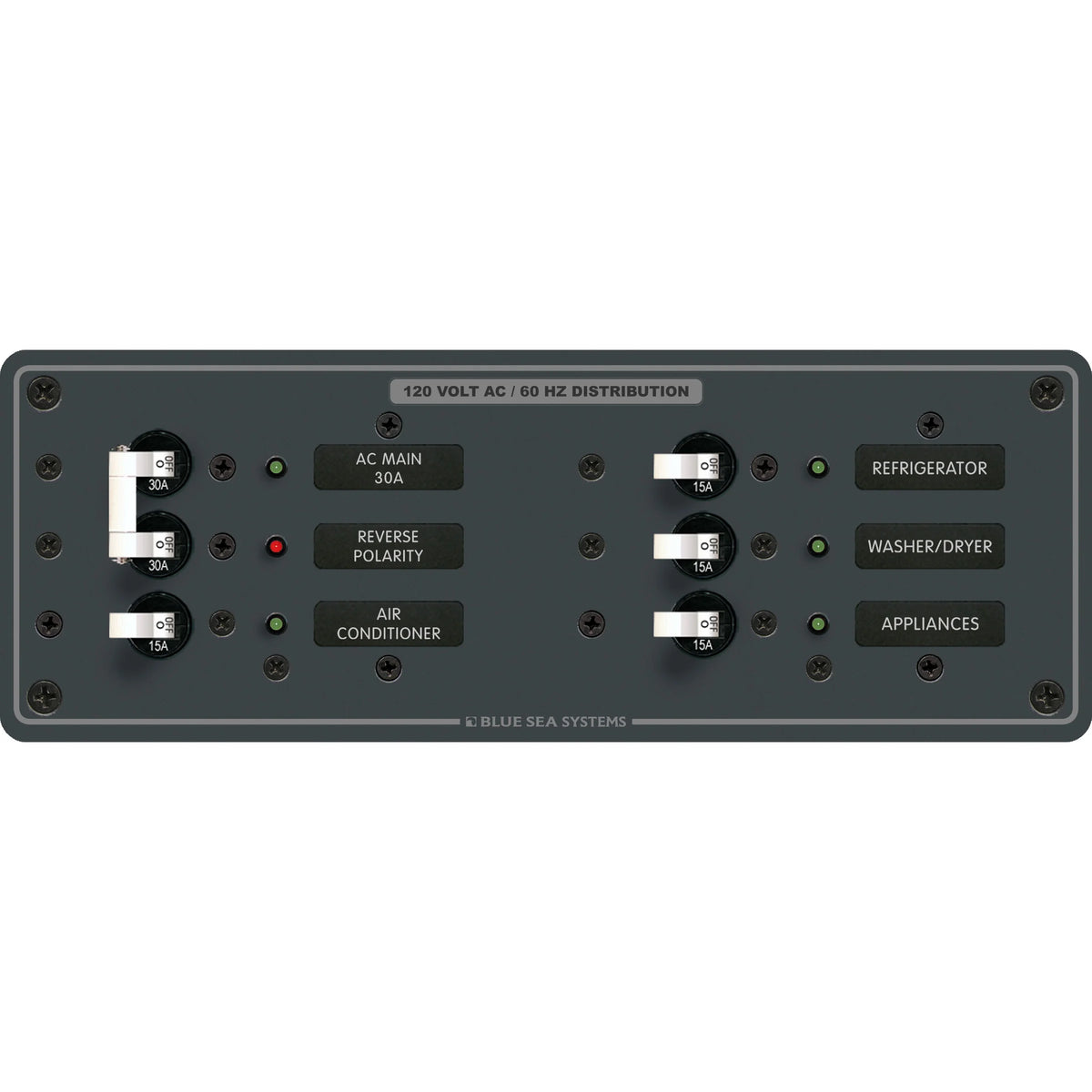 Blue Sea Systems Traditional Metal AC Main Circuit Breaker Panel, 120V AC, White Toggle Breakers, Non-Metered — Quality Boat Parts