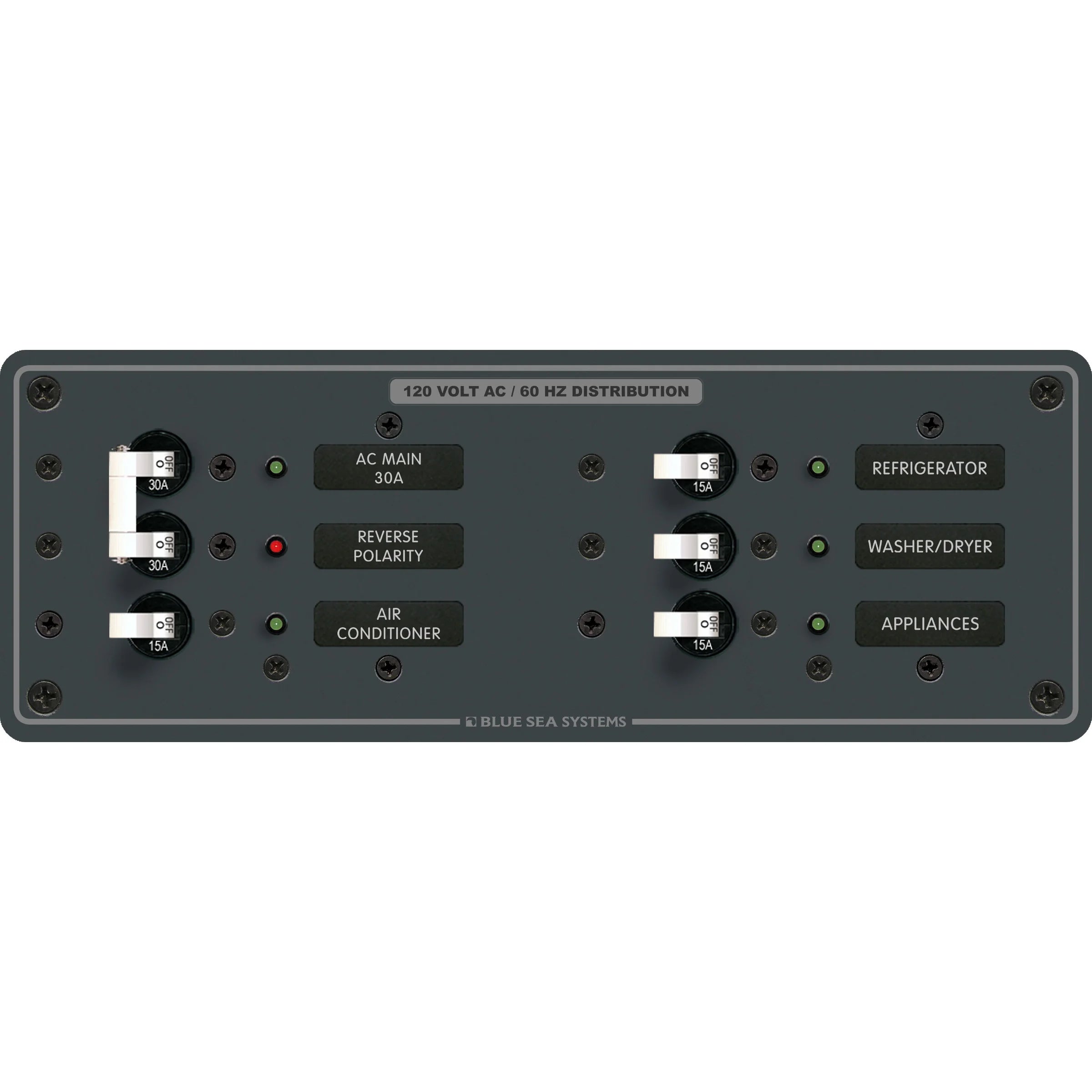 Blue Sea Systems Traditional Metal AC Main Circuit Breaker Panel, 120V AC, White Toggle Breakers, Non-Metered — Quality Boat Parts