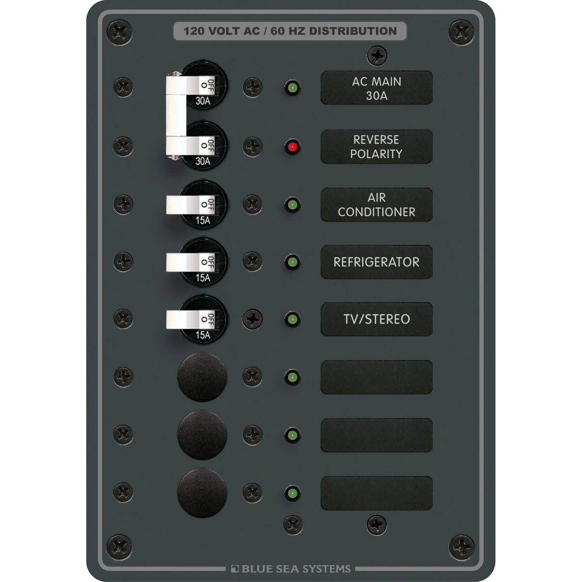 Blue Sea Systems Traditional Metal AC Main Circuit Breaker Panel, 120V AC, White Toggle Breakers, Non-Metered — Quality Boat Parts