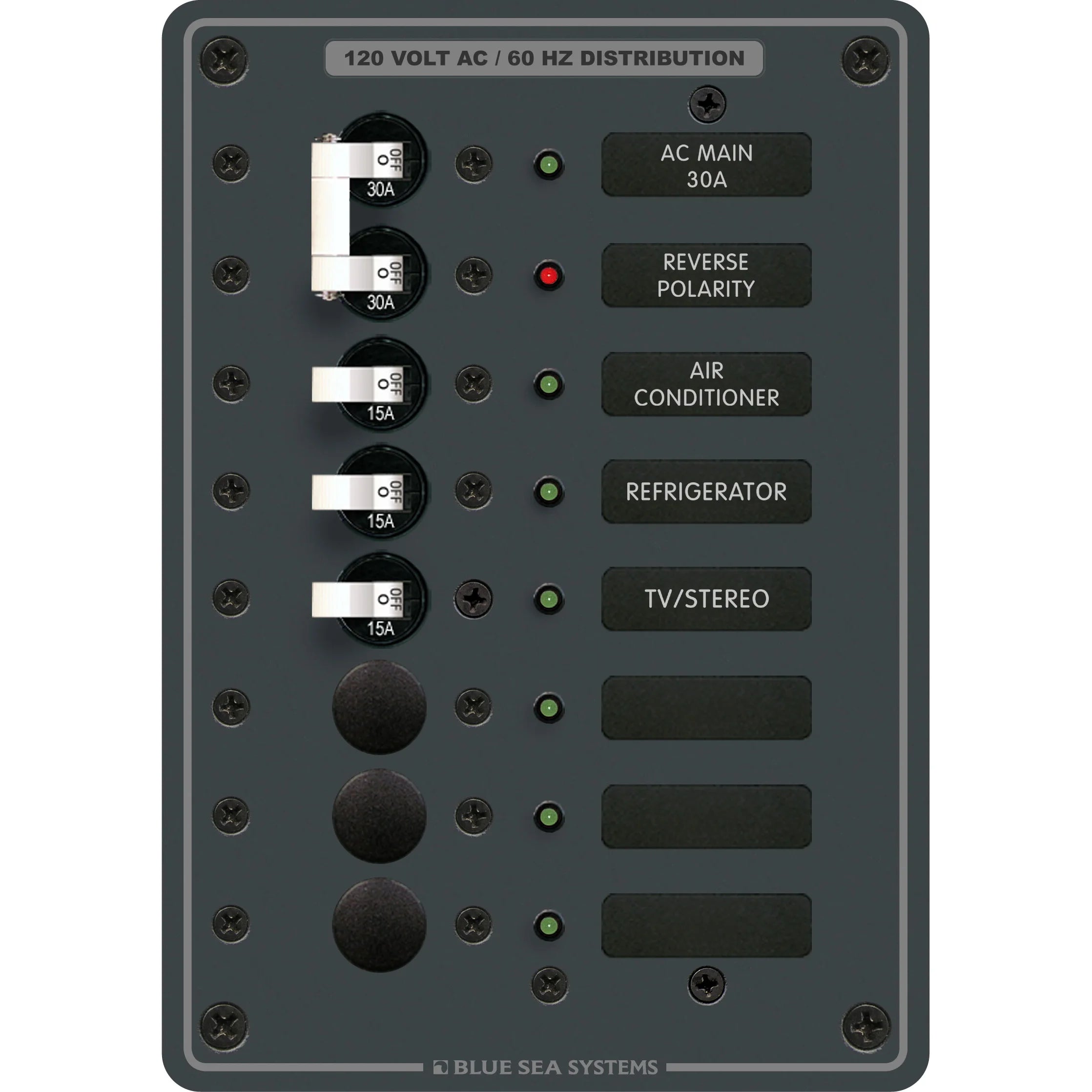 Blue Sea Systems Traditional Metal AC Main Circuit Breaker Panel, 120V AC, White Toggle Breakers, Non-Metered — Quality Boat Parts