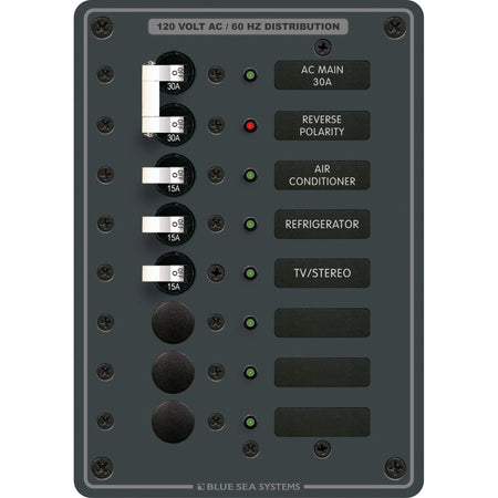 Blue Sea Systems Traditional Metal AC Main Circuit Breaker Panel, 120V AC, White Toggle Breakers, Non-Metered — Quality Boat Parts